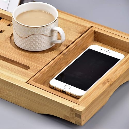 Miniatura 9 de Bandeja de baño de bambú de lujo, organizador expandible de madera con libro, tableta, soporte para vino, idea de regalo
