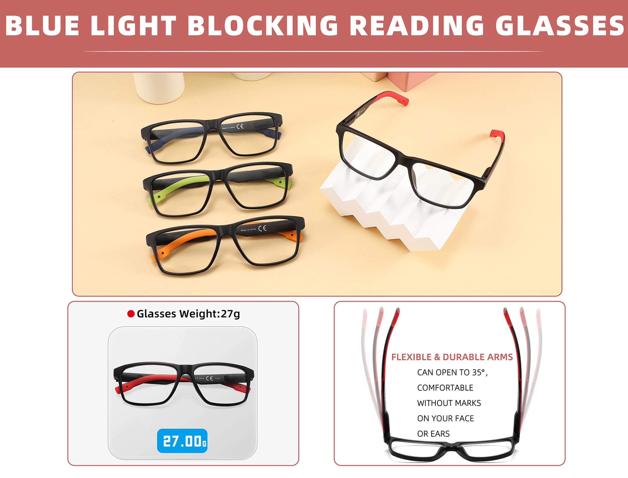 MODFANS Un Pack de 4 Gafas de Lectura Hombre Anti Luz Azul,Varillas de Goma,Lente Clara,Vision Clara,Ligeras Comodas,Colores Mezclados