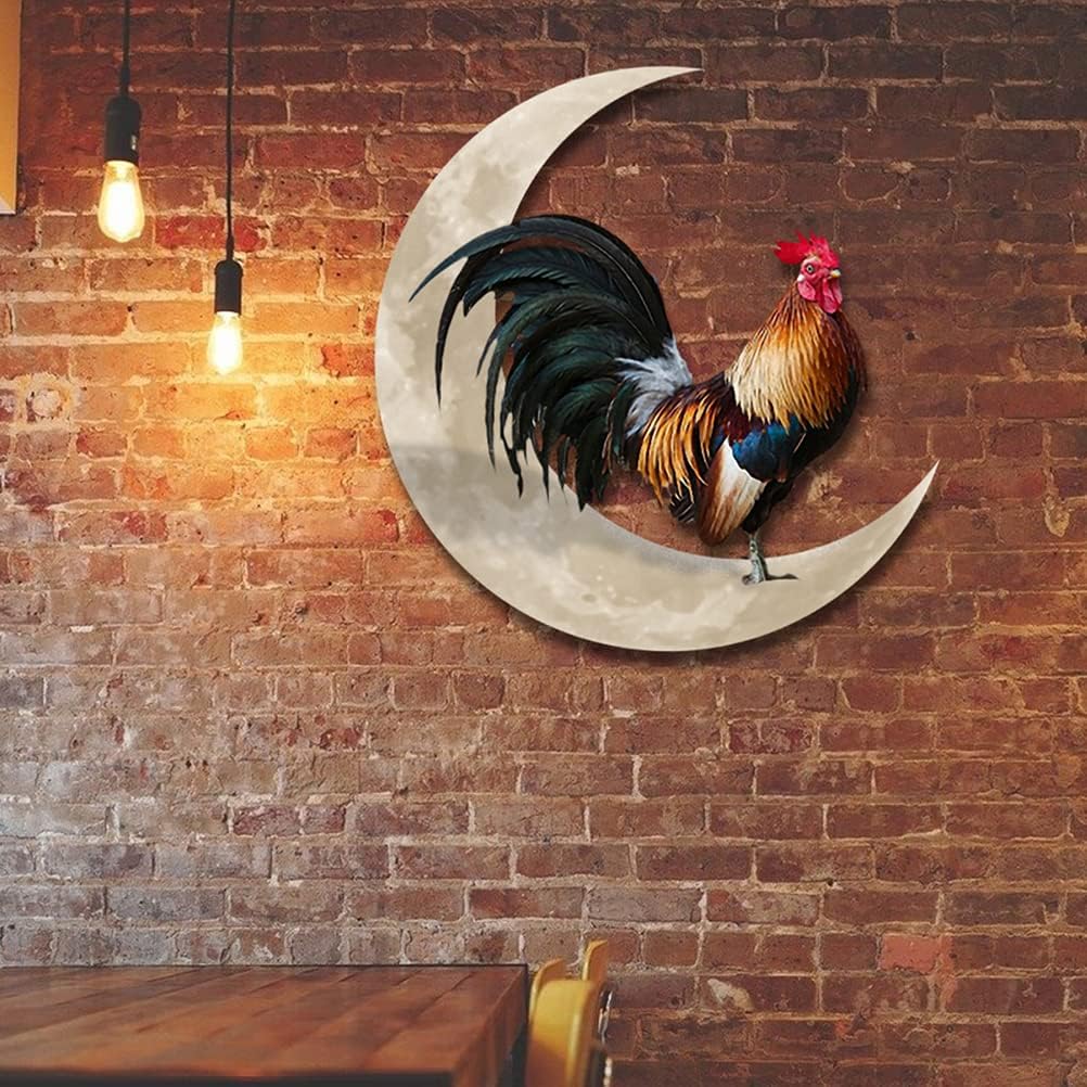 Metal Wall Hanging Sign Rooster Moon Wall Decor Wall Unique Arts for Farmhouse Home Garden Decor
