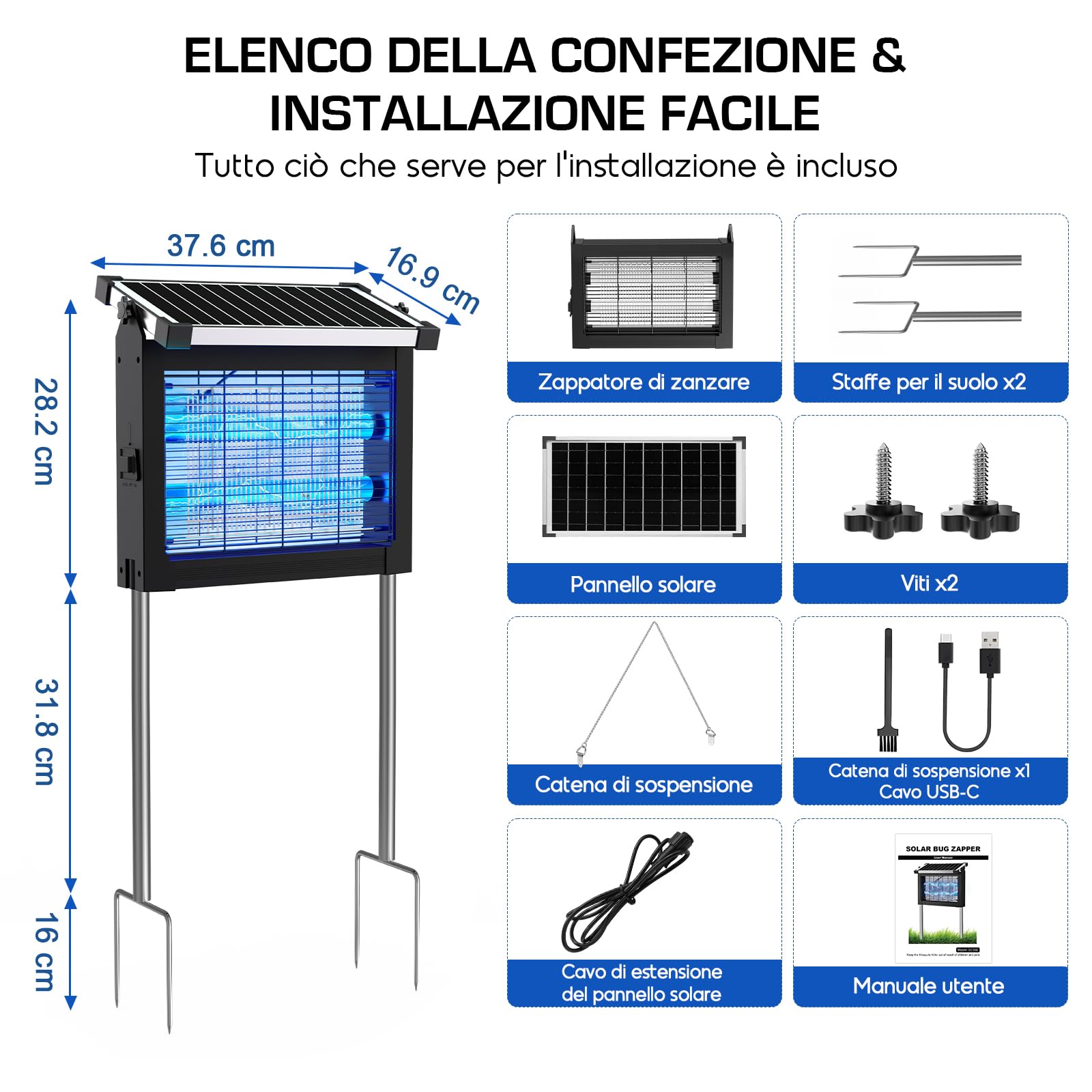 Lampada Antizanzare Solare, Zanzariera Elettrica 4500V da Esterno con Sensore del Pannello, Anti Mosche Elettrico Impermeabile, Ideale per Patio, Giardino e Campeggio (Nero)