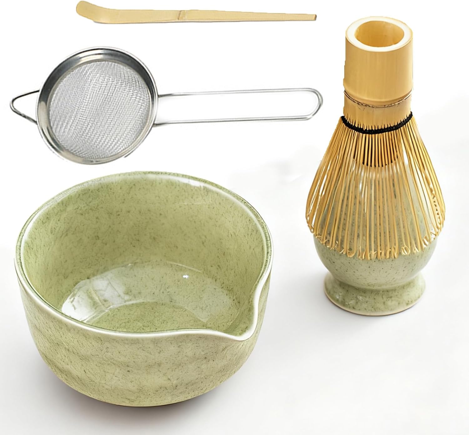 5-PCS Japanese Matcha Tea Set - Ceramic Bowl with Spout & Holder, Bamboo Whisk (Chasen), Scoop, Sifter - Complete Traditional Tea Ceremony Kit for Beginners, Gift for Tea Lovers (Light green)