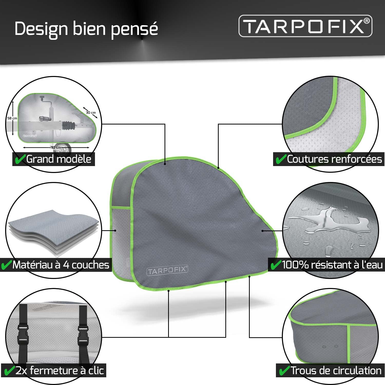 Tarpofix® Housse de Timon avec Bord réfléchissant - Bâche pour remorque de Caravane & Camping-Car Universelle avec Double Fermeture à clic - Couverture d'attelage pour remorque