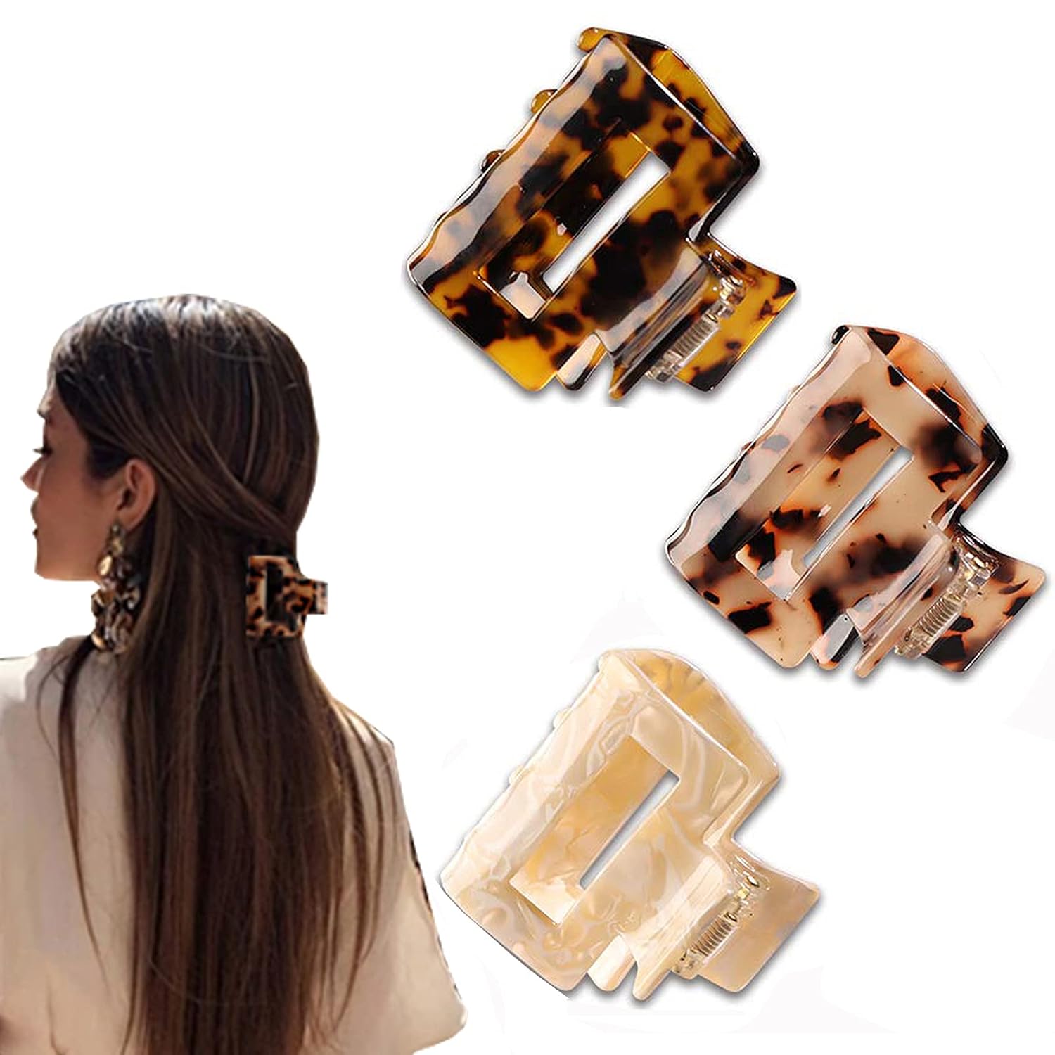 YUESUO 3Pcs Hair Claw Clips Tortoise Shell Banana Clips Hair Medium Hair Clips for Thick Hair Leopard Print Butterfly Clip Non Slip Jaw Barrettes French Design Hair Accessories for Women Girls
