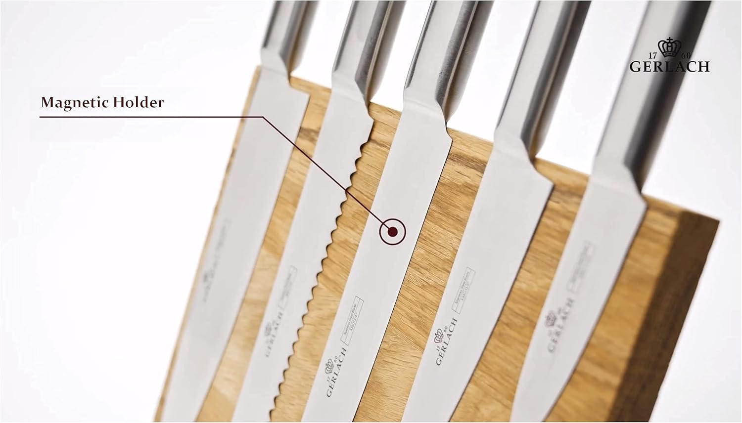 Gerlach AMBIENTE Magnetic Solid Oak Wood Board Holder Stand 6pcs Kitchen Knives Set - Premium Quality