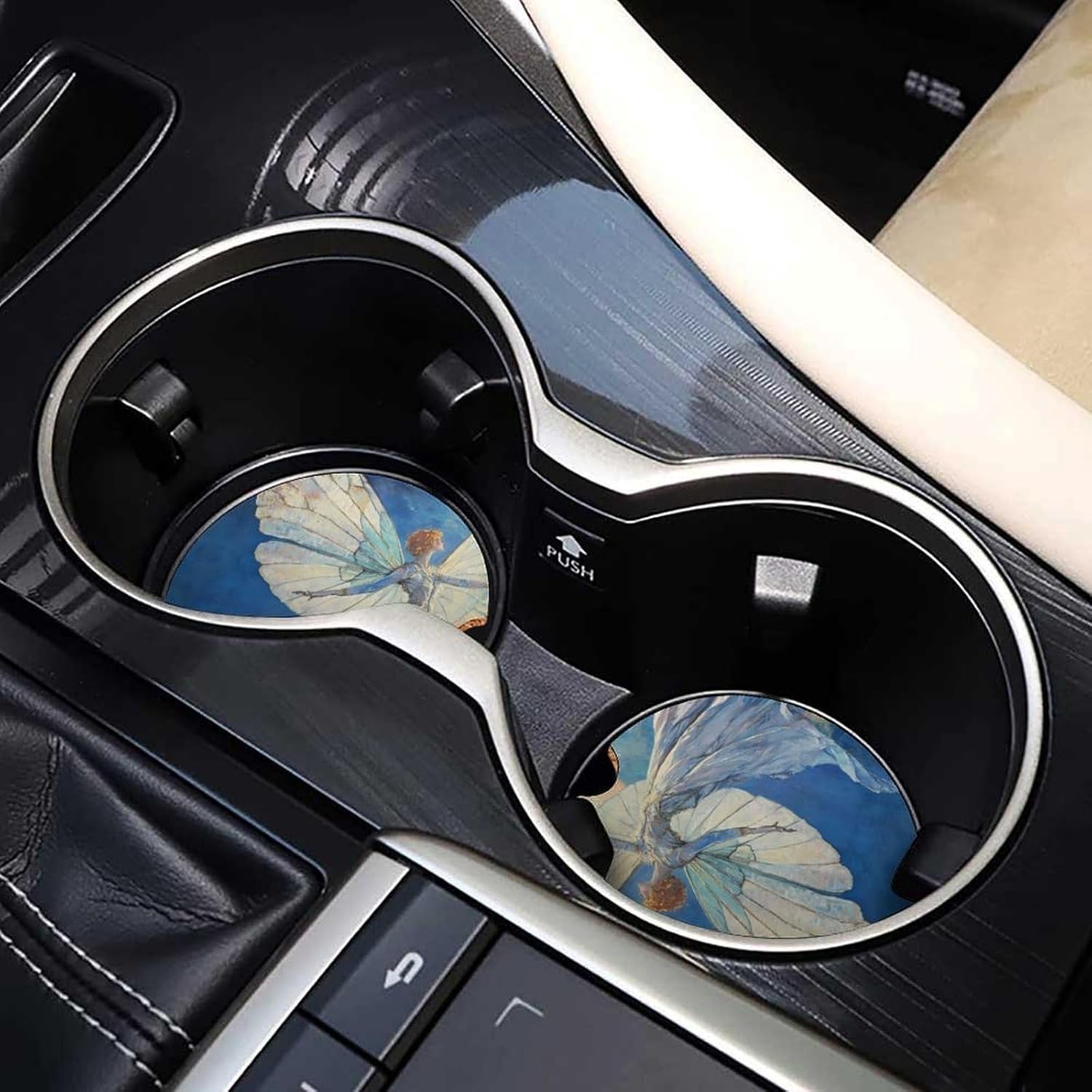 Butterflies Lady Car Cup Holder Coaster with Cork Base 2.6 Inches Anti Slip | Absorbent Cute Car Accessories Interior Fashion Decor with Finger Notch
