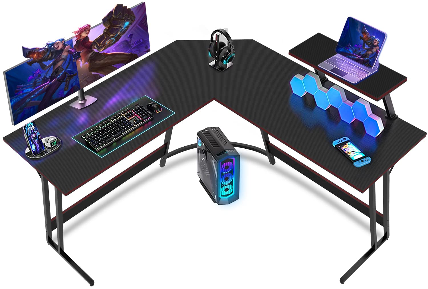 Devoko Escritorio Gaming de Esquina,130 x 130cm,Escritorio Gamer en Forma de L con Soporte de Monitor, Gancho para Auriculares,para Estudio,Oficina,Gaming,Dormitorio(Carbono Negro)
