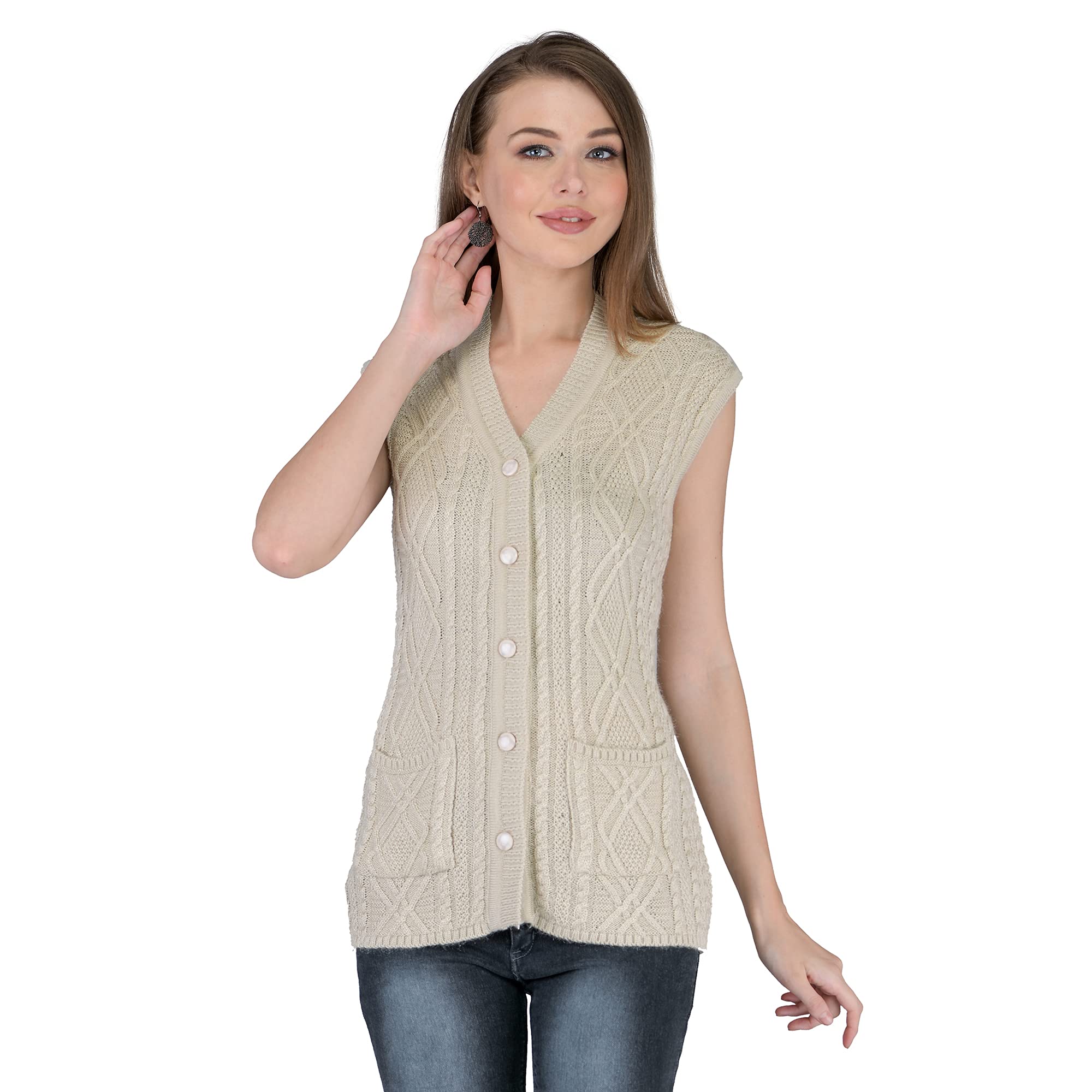 lady willington Women Woolen Cardigan Sleeveless Self Design Cardigan Rainbow Fabric Winter Wear Pure Wool Cardigan 100% Rainbow Wool Free Size Cotty Fully Warm with Front Pockets (XXXL, Off White)-picture-10