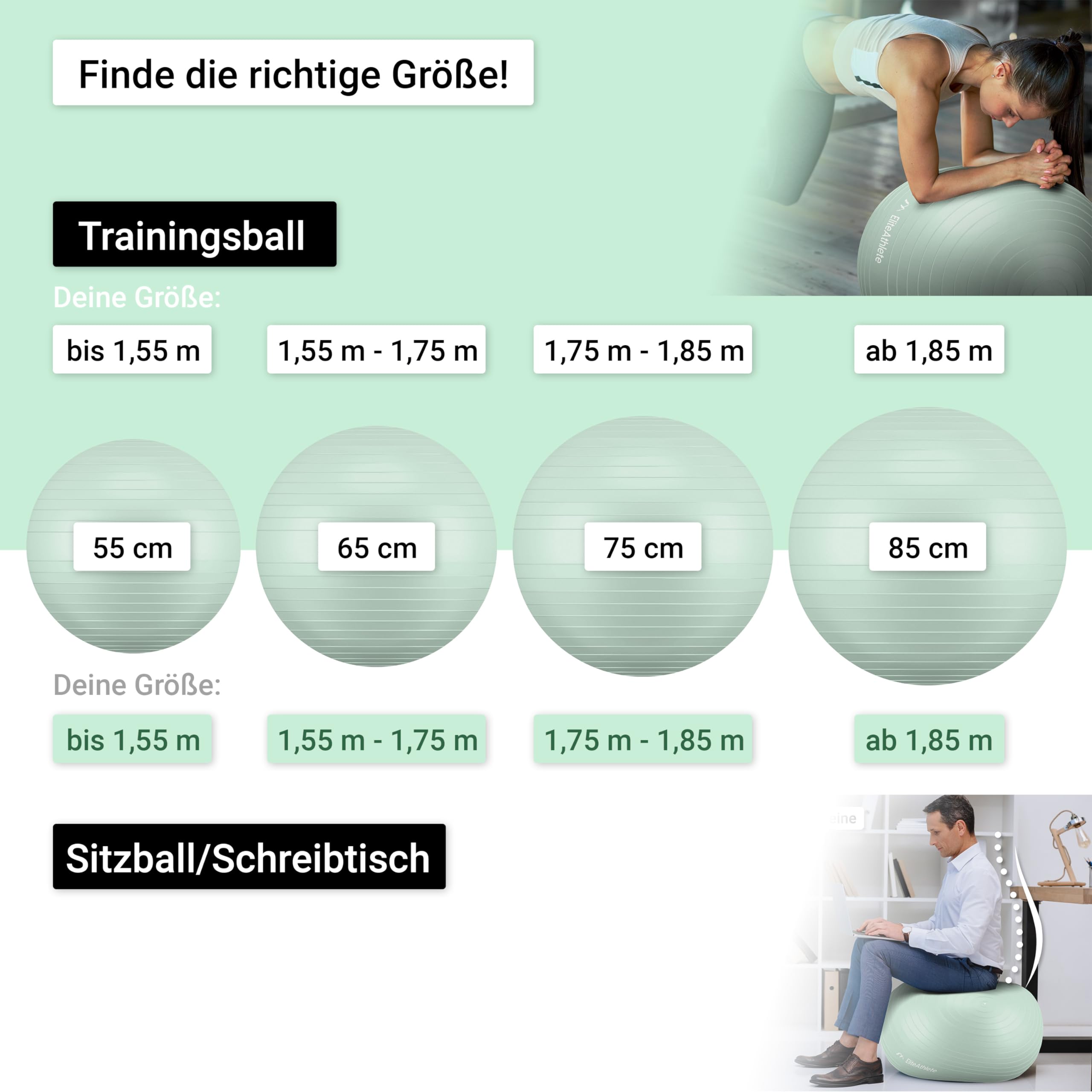 EliteAthlete Gymnastikball Sitzball Büro ergonomisch mit Anti Burst System - Fitness Pilates Schwangerschaft - Schwangerschaftsball Fitnessball Yogaball - Yoga Ball inkl. Luftpumpe