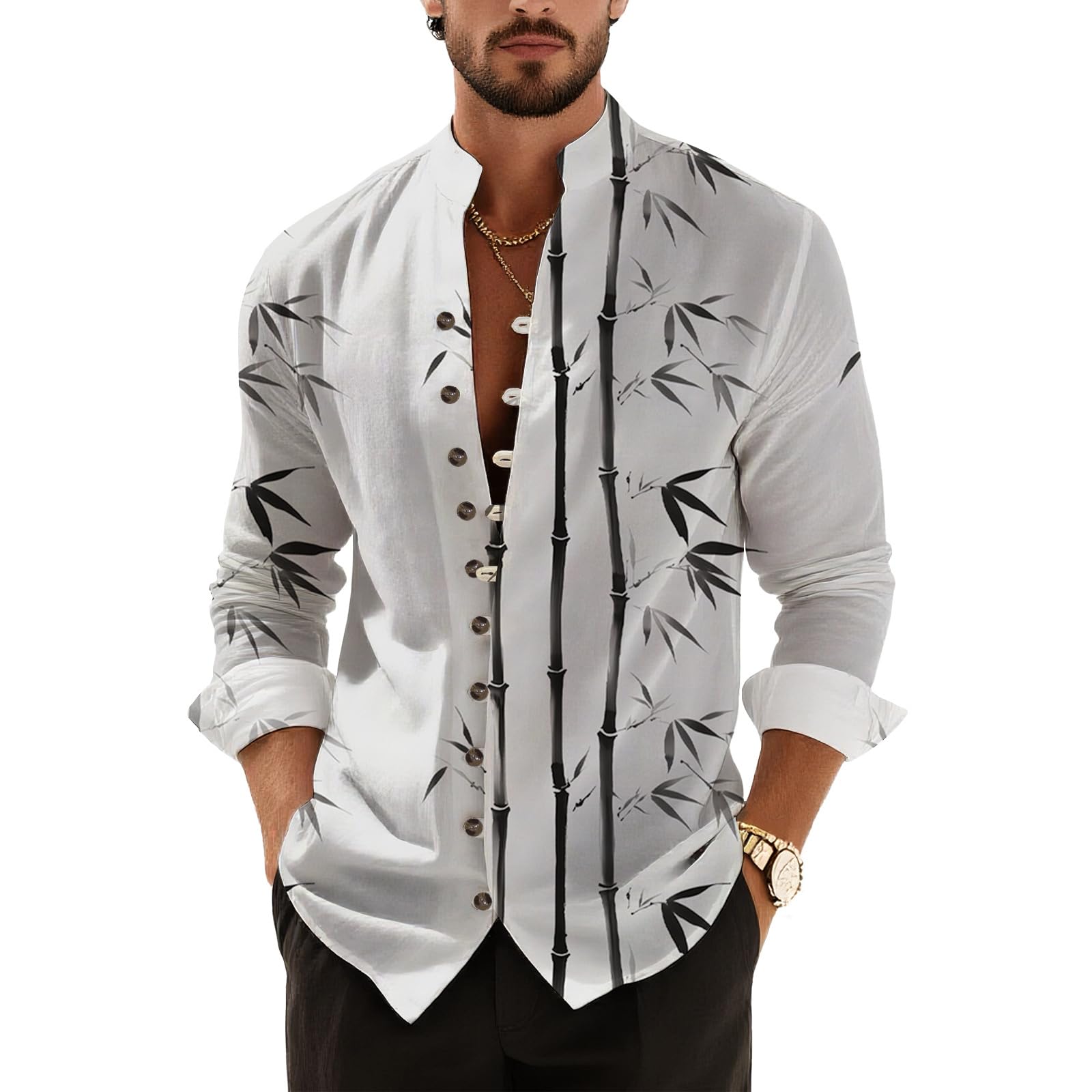 Henley Shirts for Men Lightweight Graphic Print Long Sleeve Button Down Japanese Art Casual Loose Beach Vacation Tops