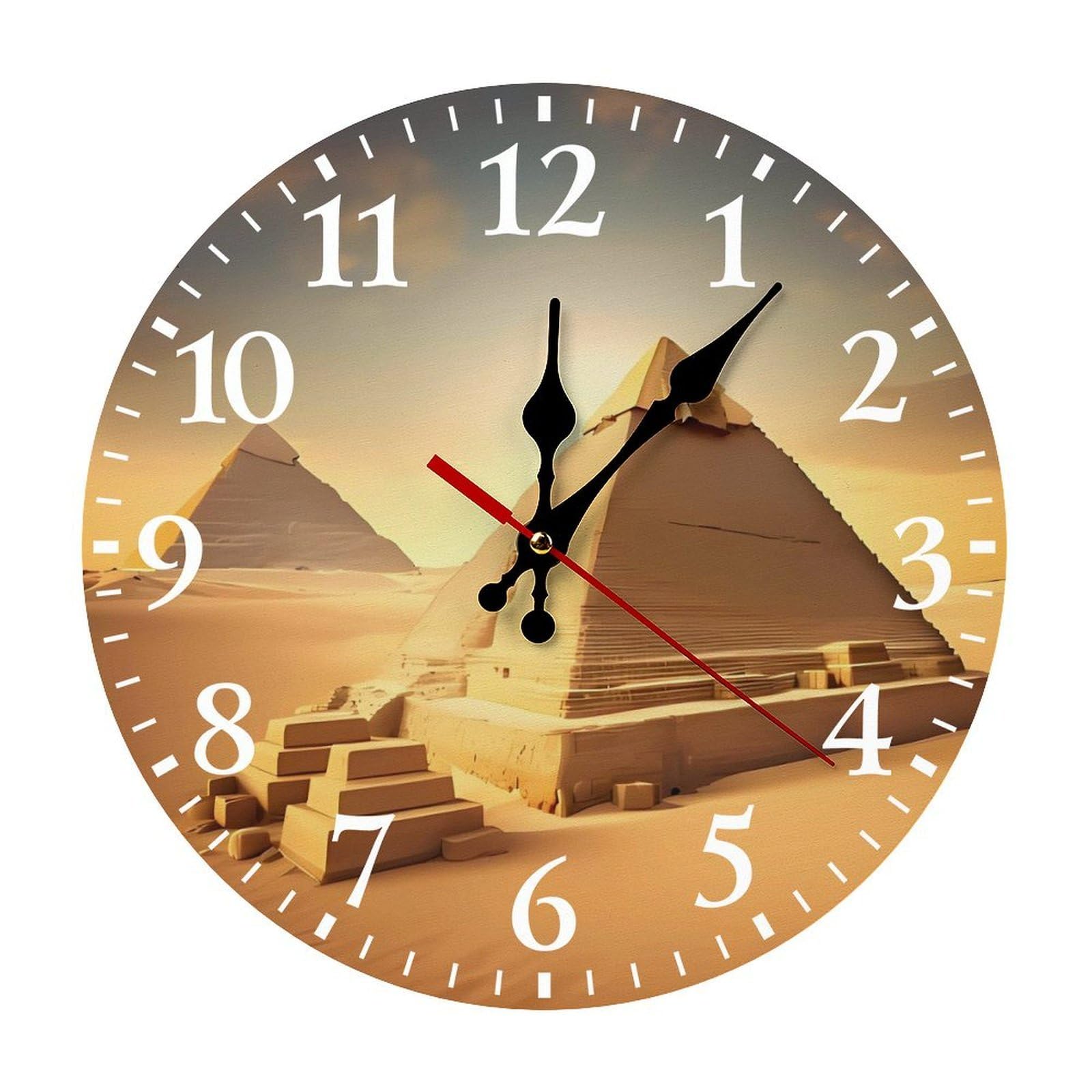 QMNLKH Egyptian Pyramid in Desert Wall Clock for Home, Battery Operated Clock for Hotel, Round Wall Clock with Arabic Numerals White, Easy to Read, Non-Ticking Clocks for Living Room 25 * 25cm