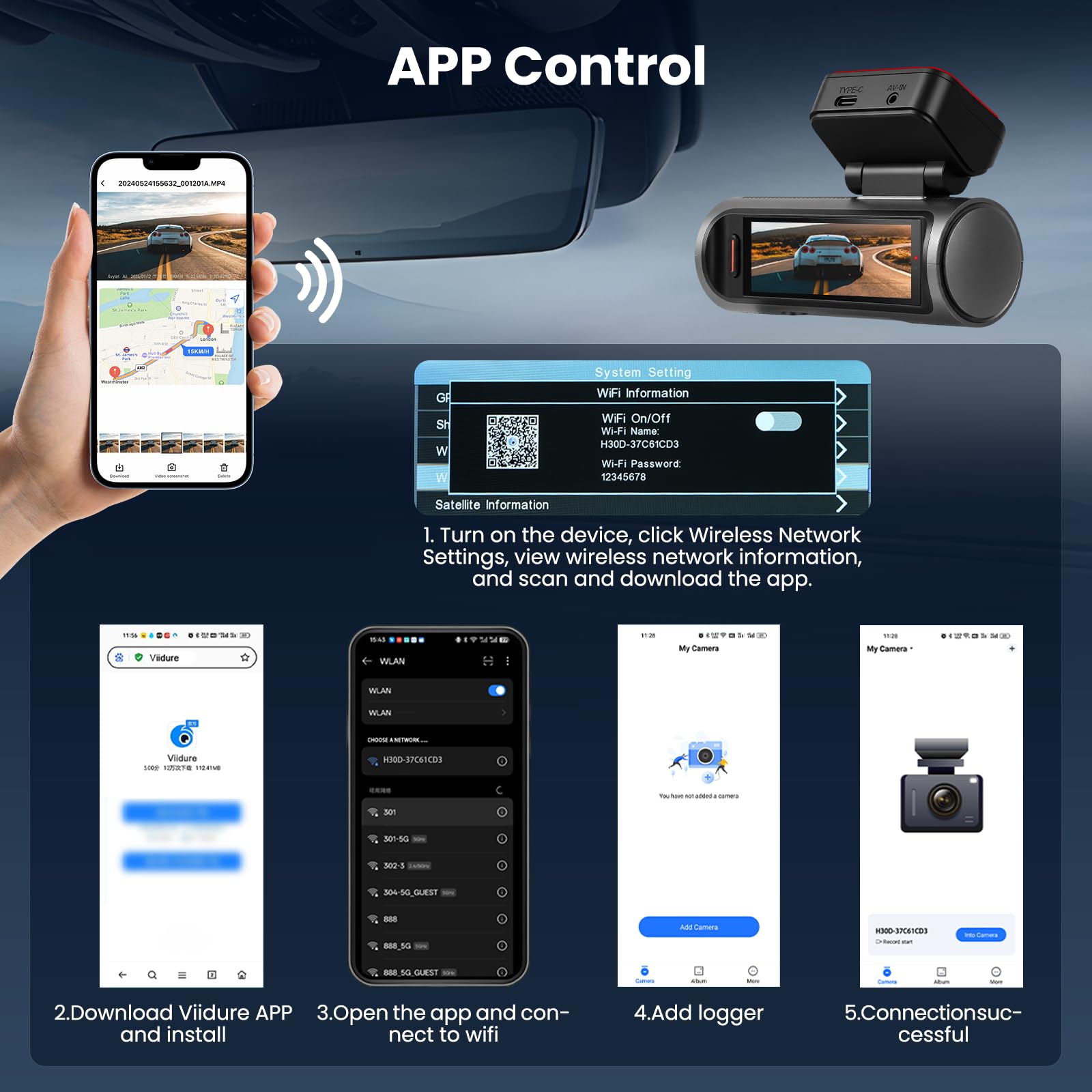 2 Canales Dash CAM, WiFi Dash CAM con 4K Delantero y Trasero, Pantalla de 3 Pulgadas, Cámara de Coche con Tarjeta 64 G/G-Sensor/Grabación en Bucle/Visión Nocturna/24h-Monitor de Aparcamiento