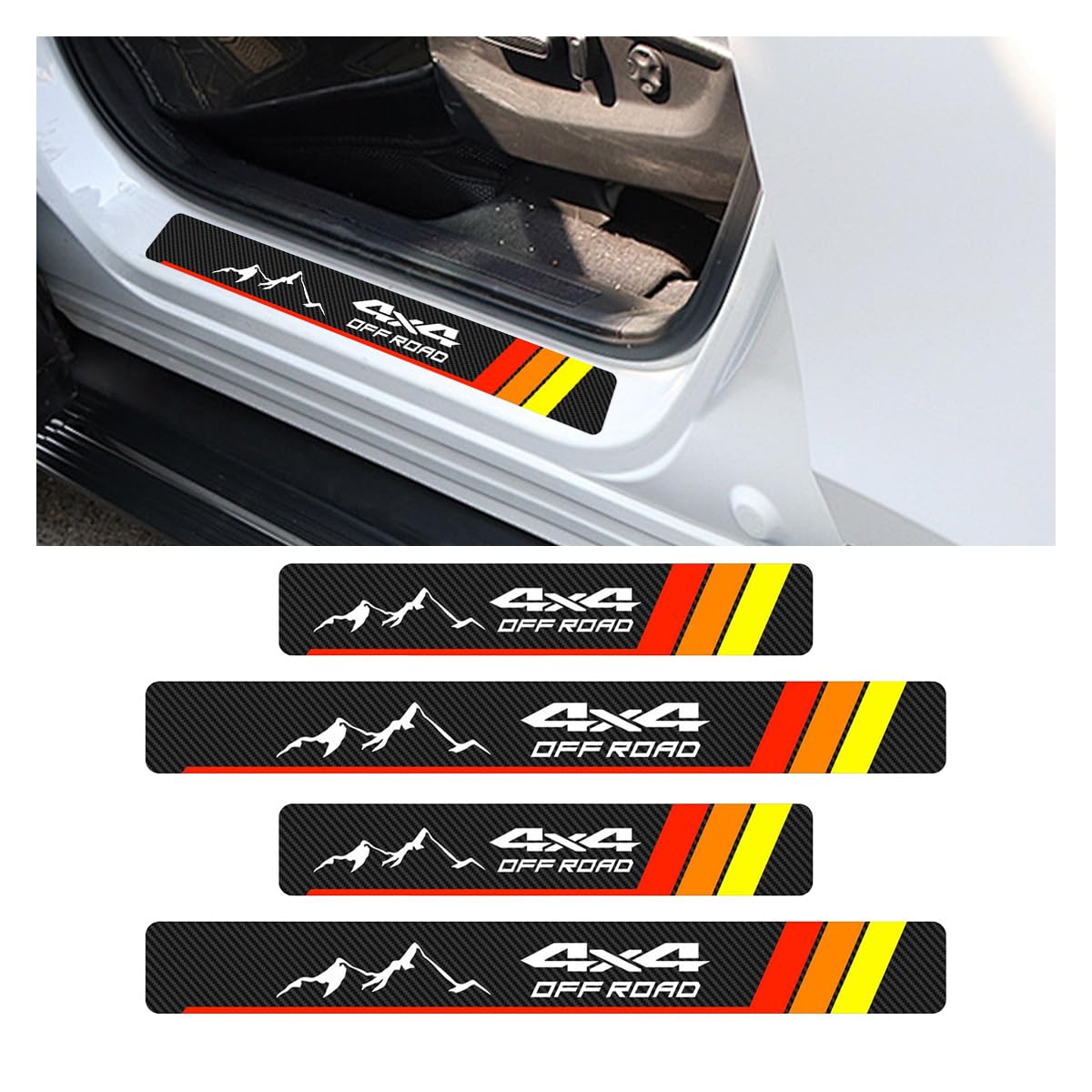 4PCS Tri-Color Door Sill Protectors, Carbon Fiber Door Threshold Protection, Front/Rear Door Sill Plate Step Guard, Anti-Scratch Entry Guard Sticker for Tacoma TRD 4Runner Tundra (Tricolor Off Road)