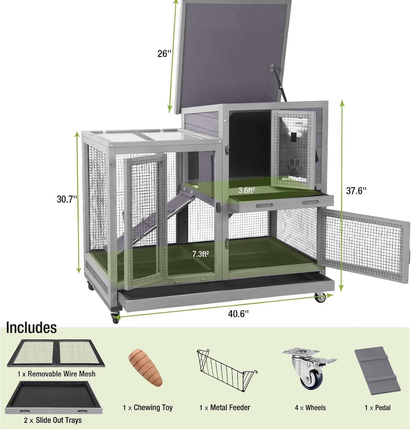 GUTINNEEN 40.6"L 2-Story Rabbit Hutch Indoor & Outdoor Guinea Pig Cage, Wooden Bunny House with Wire Mesh Floor, Leakproof Pull-Out Tray & Heavy-Duty Wheels, Small Animal Enclosure for Patio Backyard