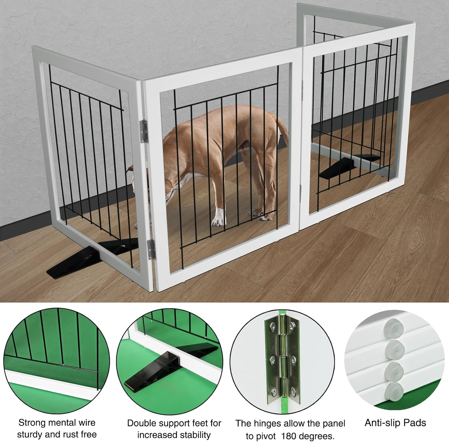 Size 24 Freestanding Dog Gate Indoor, Foldable Dog Fence for Doorways,Hallways or Stairs, Sturdy Wood Extra Wide Pet Gate with Support Feet,White,24 Height-4 Panels