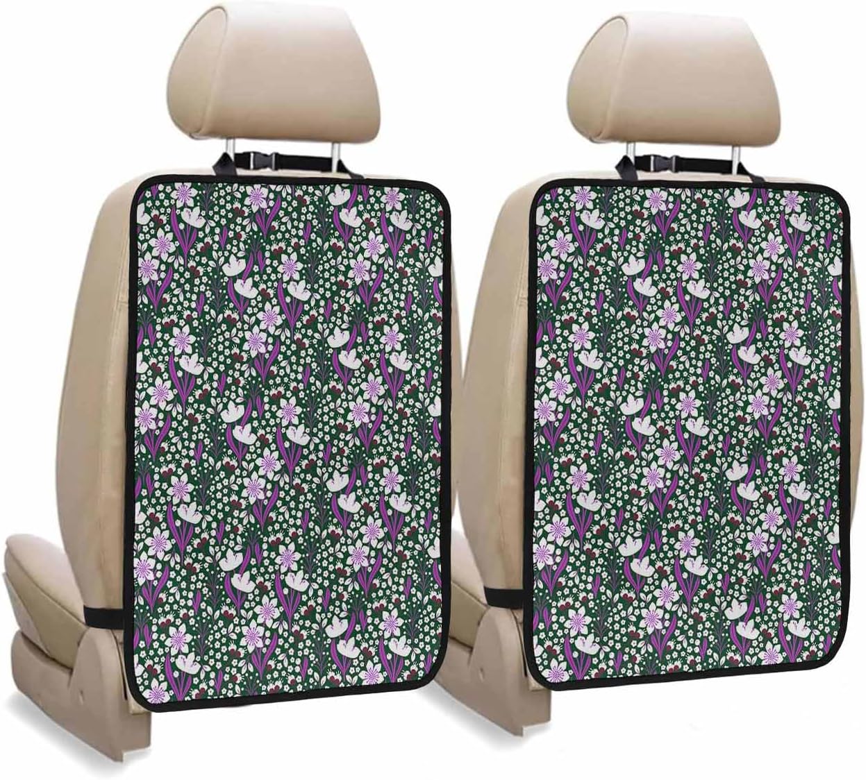 T&H XHome Car Seat Protector, 2 Pack Kick Mats Back Seat Protector Summer Pink Flowers Green Texture Waterproof Backseat Cover for Kids Universal Fit Automotive Interior Protectors