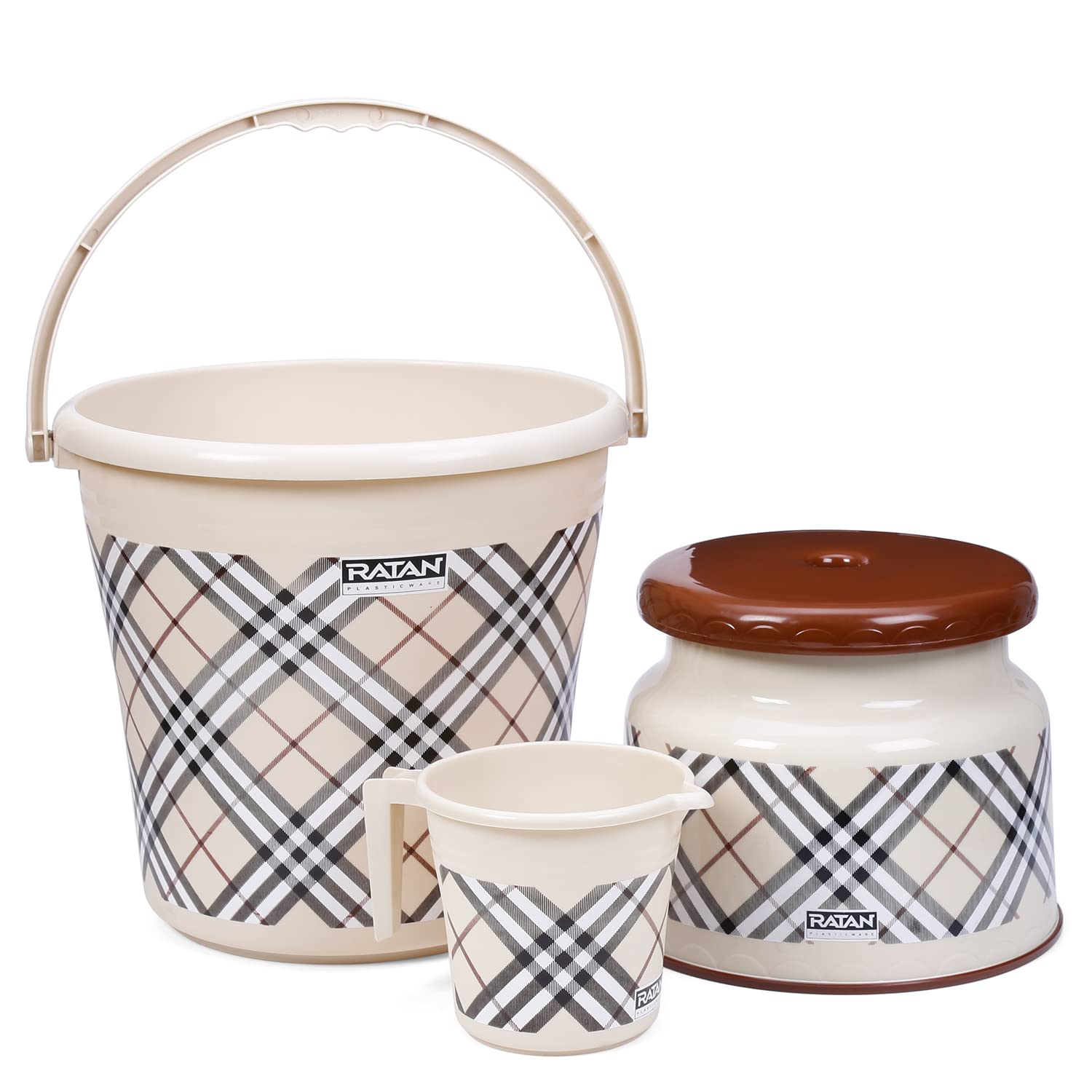 RATAN PLASTICWARE Plastic Bathroom Set of 3 Combo with (16L Bucket x 1 / 1L Mug x 1 / Nova Patla Stool 107 x 1) Bath Sets for Home, Kitchen, Hotels, Hostel, Hospital Frosty Checks Print - Beige (B09WJ76H4Y) Amazon Price History, Amazon Price Tracker