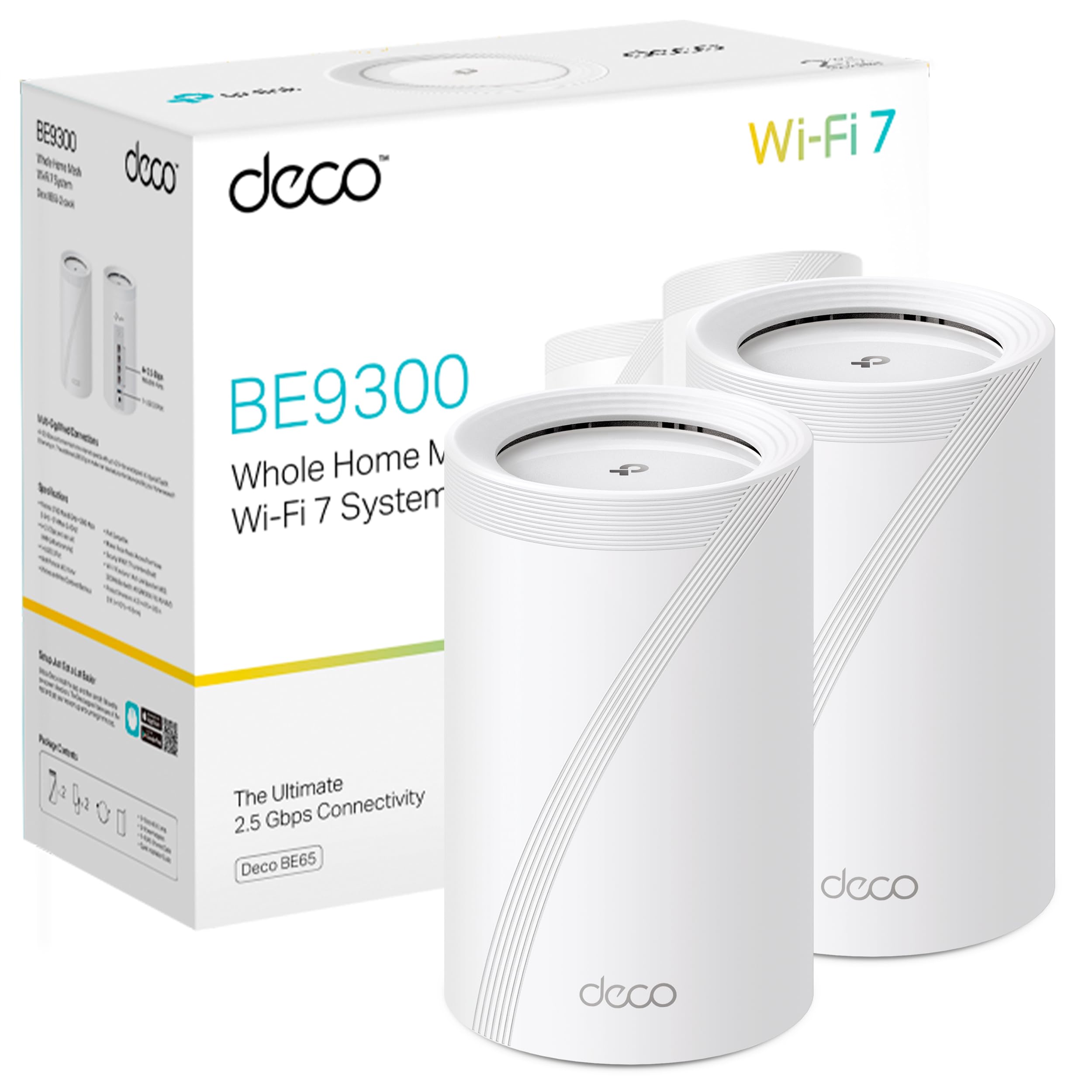 TP-Link Deco BE65(2-Pack) Wi-Fi 7 Mesh WLAN Set (3 Pack), Triband 5760 Mbit/s (6 GHz) + 2880 Mbit/s (5 GHz) + 574 Mbit/s (2.4 GHz), 6 Streams, 4 2.5G Ports, 1 USB 3.0