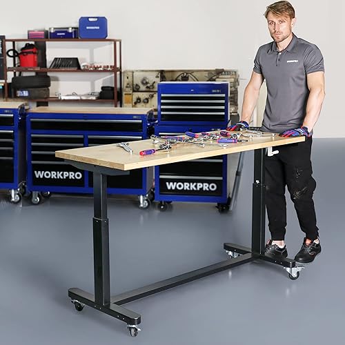 Miniatura 5 de WORKPRO Mesa de trabajo ajustable de 60 pulgadas de altura con manivela y ruedas, banco de trabajo de escritorio de madera de 60 x 24 pulgadas,
