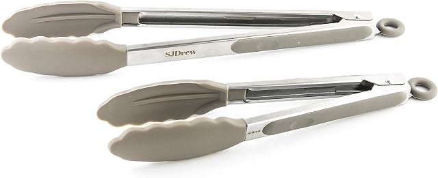 SJDREW 2 Piece Premium Quality Stainless Steel & Grey Silicone Kitchen Tongs - 9 inch (23cm) & 12 inch (31cm) Ideal for Cooking Grilling BBQ Serving Food Heat Resistant Non Stick Dishwasher Safe