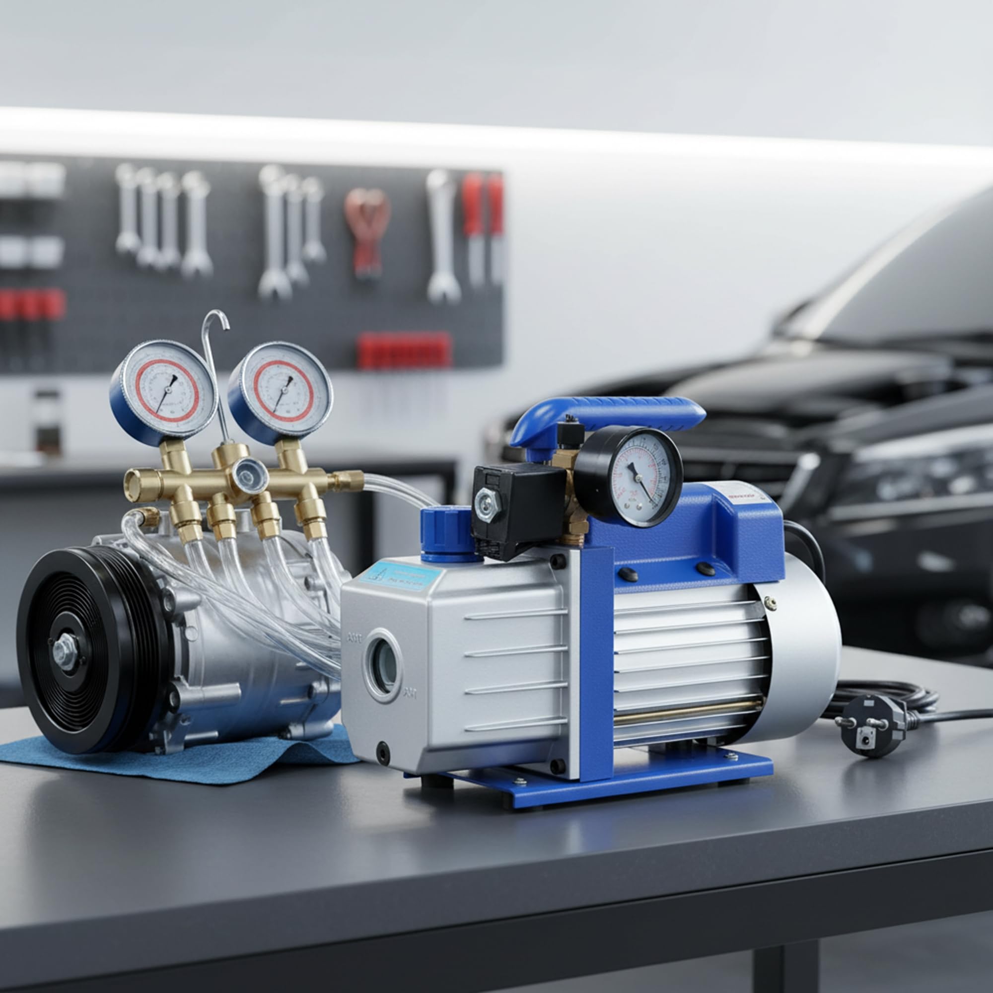 Mucola Vakuumpumpe 99 L/Min 250 Watt Aluminium 230V – Unterdruckpumpe mit Schauglas, Vakuum bis 5 Pa, Schlauchanschlüsse 1/4" und 3/8" SAE | für Klimaanlagen, Kältetechnik und Wärmepumpen Service