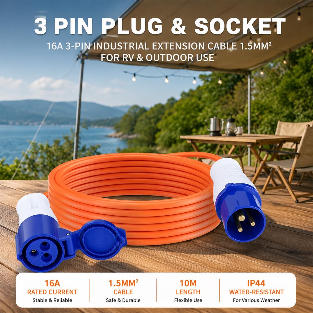 Cable de conexión de caravana de 10 m, cable de conexión eléctrico de camping de 240 V 16 A con convertidor de cable de 3 pines y bolsa de transporte, cable de extensión impermeable IP44 para
