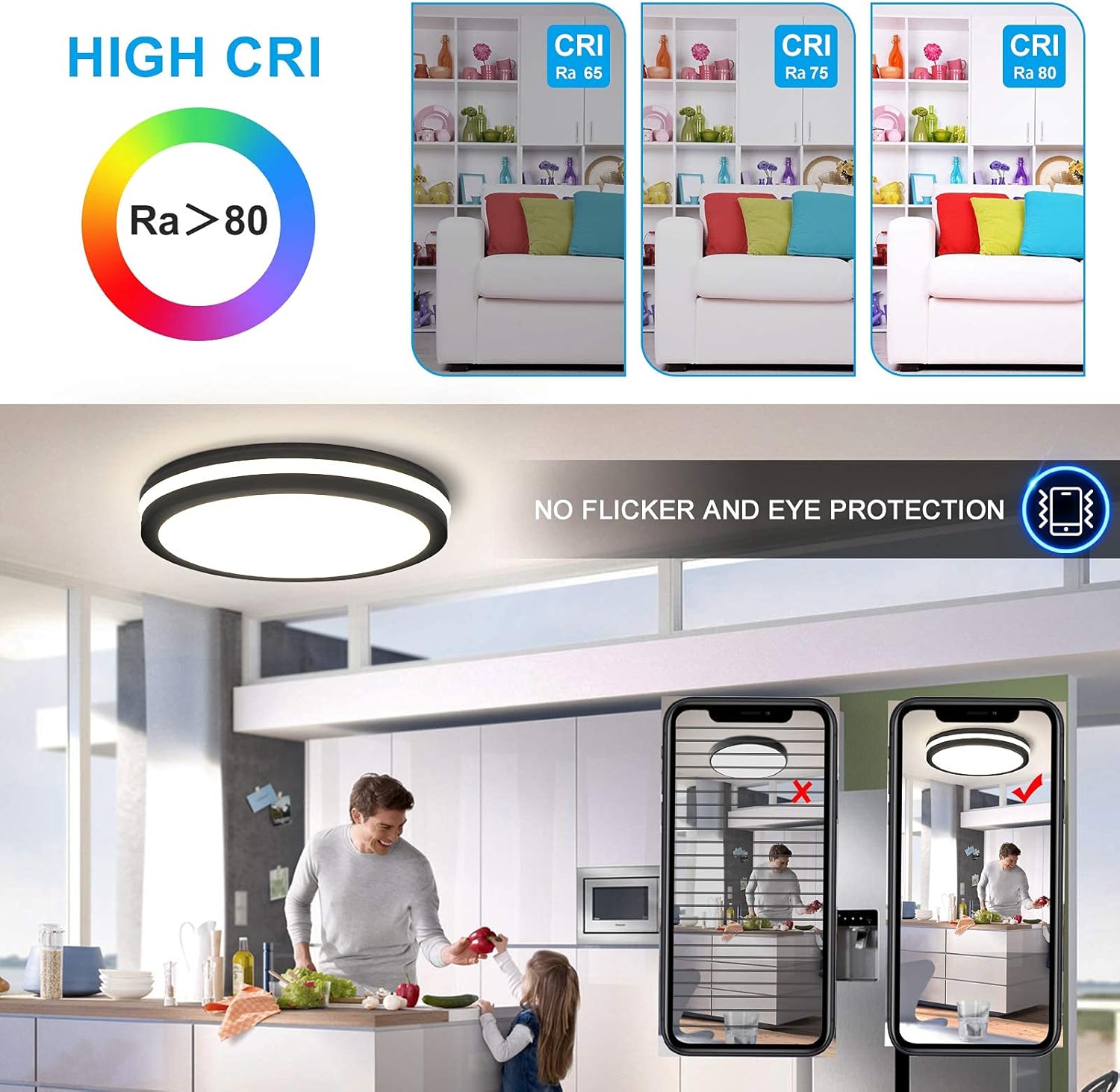 Dimmable Flush Mount Ceiling Light - Oeegoo 24W Close to Ceiling Light Fixture 3 Color Adjustable Modern Lighting for Kids Room Kitchen Hallway Bedroom Closet - - 