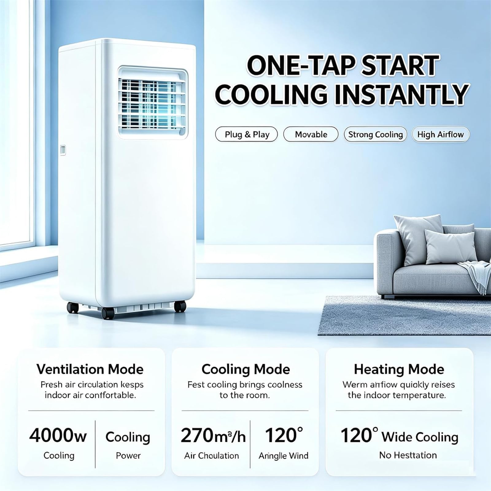 Condizionatore Portatile 12.000 Btu con Ruote E Telecomando, unità Mobile 4-in-1 con modalità Raffreddamento, Riscaldamento, Ventilazione E Deumidificazione per Soggiorno, Ufficio