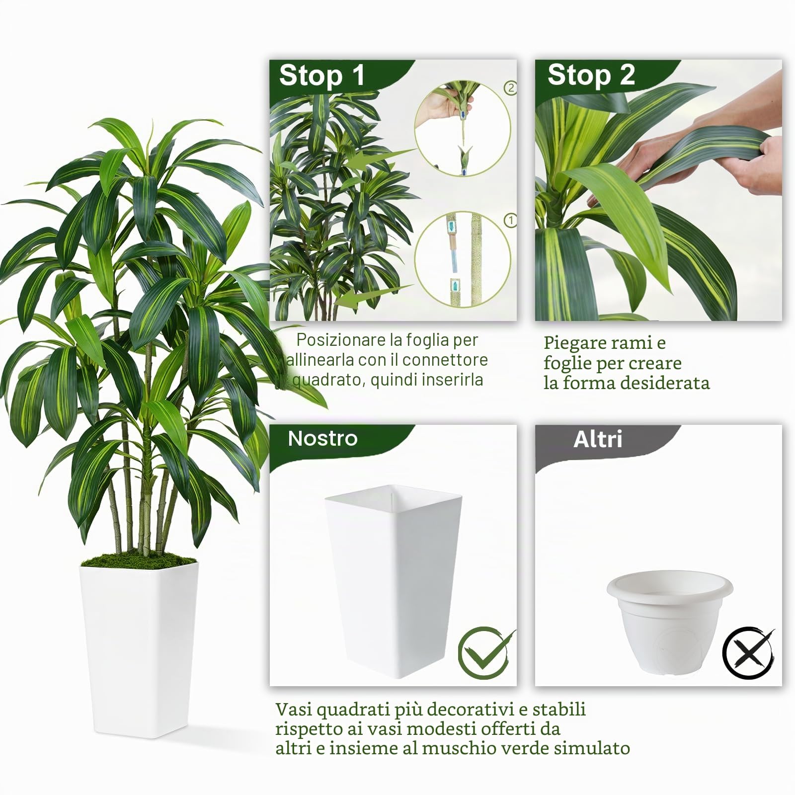 Pianta Artificiale Dracaena da 150cm Piante Finte da Interno Con Fioriera Alta Bianca Piante Artificiali da Esterno Per Soggiorno Camera da Letto Ufficio Casa Corridoio Decorazione (1Pz)