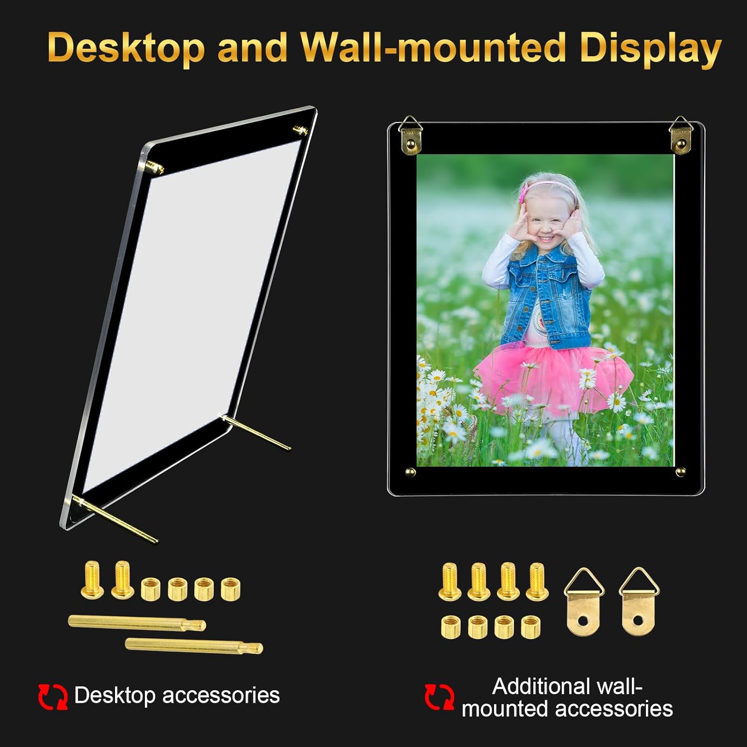 Thyle 8 Pcs Acrylic Photo Frame 8x10'' Clear Floating Picture Frame Frameless Photo Display Memories Photography Poster Frames Tabletop or Hanging Wall Mount for Family Wedding Wall Art (Gold)