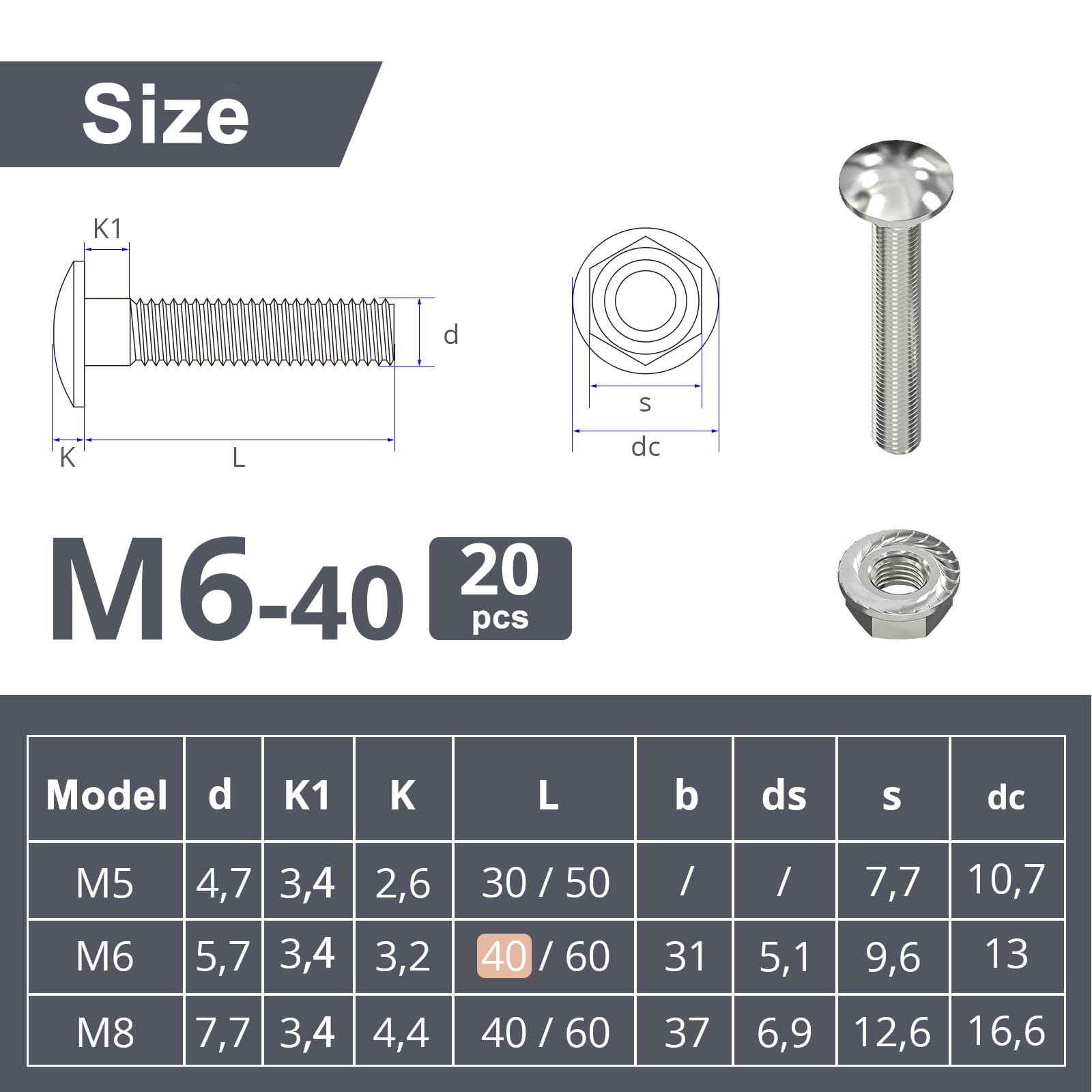 Wavanta M6 Coach Bolts, M6 x 40mm Carriage Bolts with Flange Hexagon Nuts, Zinc Plated, Carbon Steel, Coach Screws, Pack of 20 - Image 2