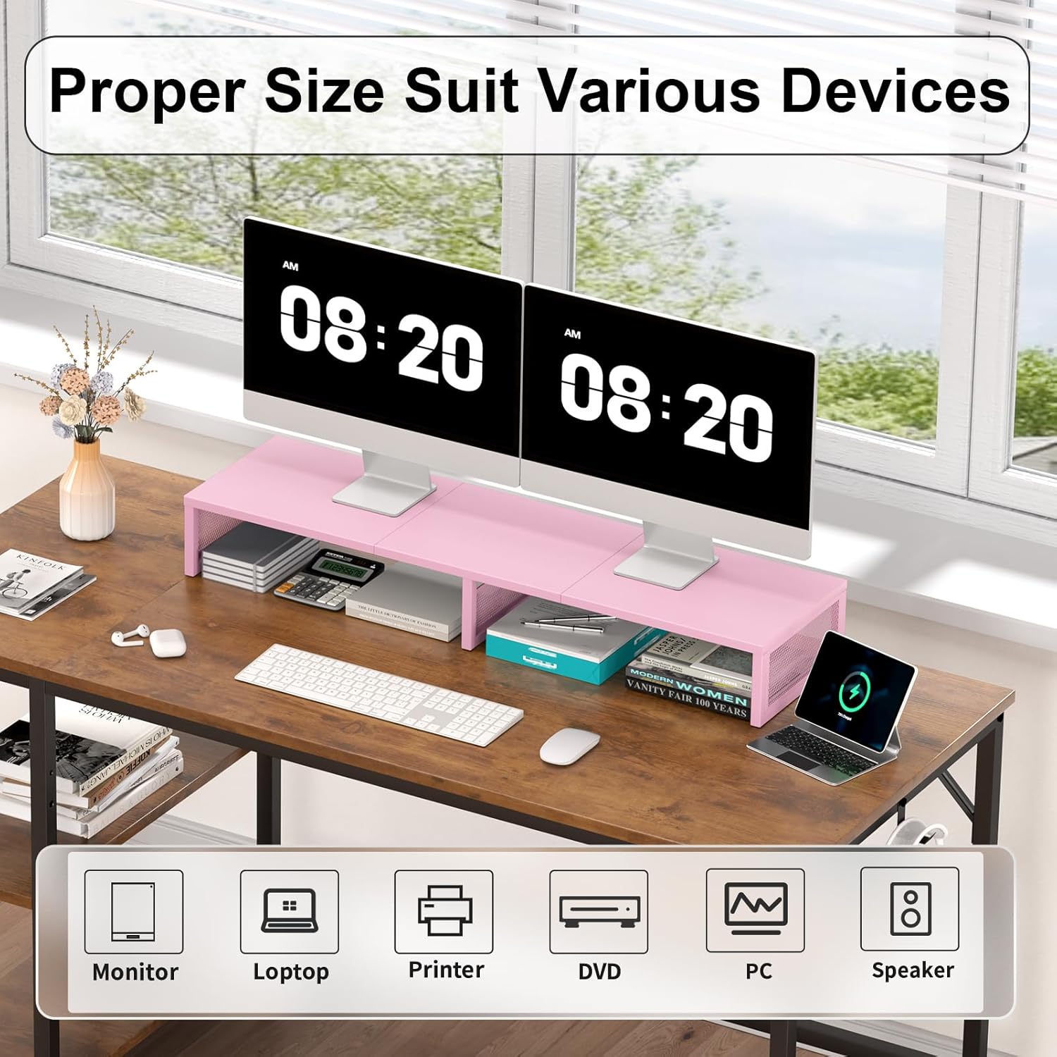 Dual Computer Monitor Stand Riser, Desk Organizers and Accessories, Printer & TV Stand, Desk Shelf, Office Desk Accessories & Desktop Workspace Organizer for Office Supplies, Pink