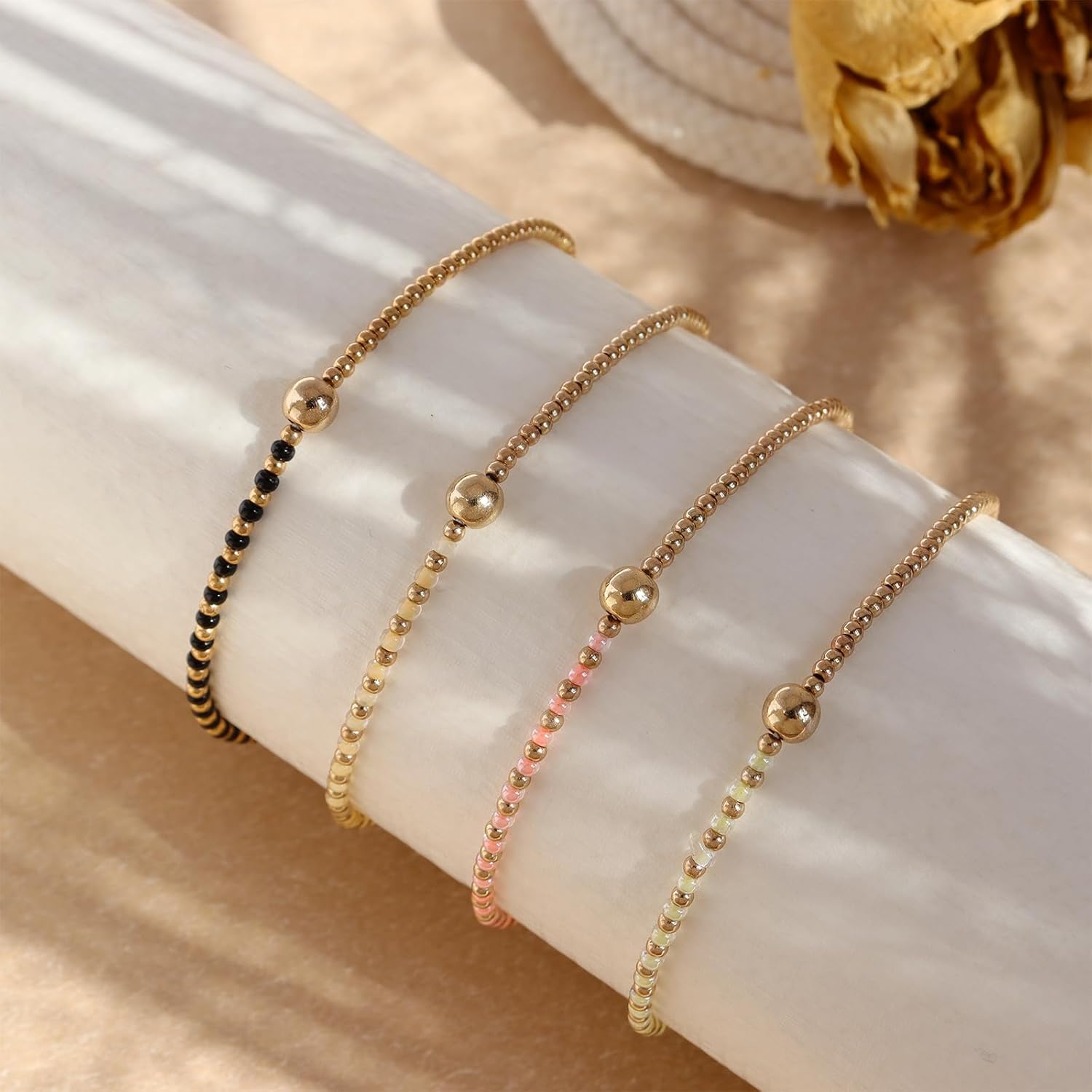 Small Black Pink Yellow Beige Beaded Stackable Friendship Bracelets Set for Women, 4Pcs Boho Handmade Gold Beads Stackable Stretch Summer Jewelry Gift. - Image 4