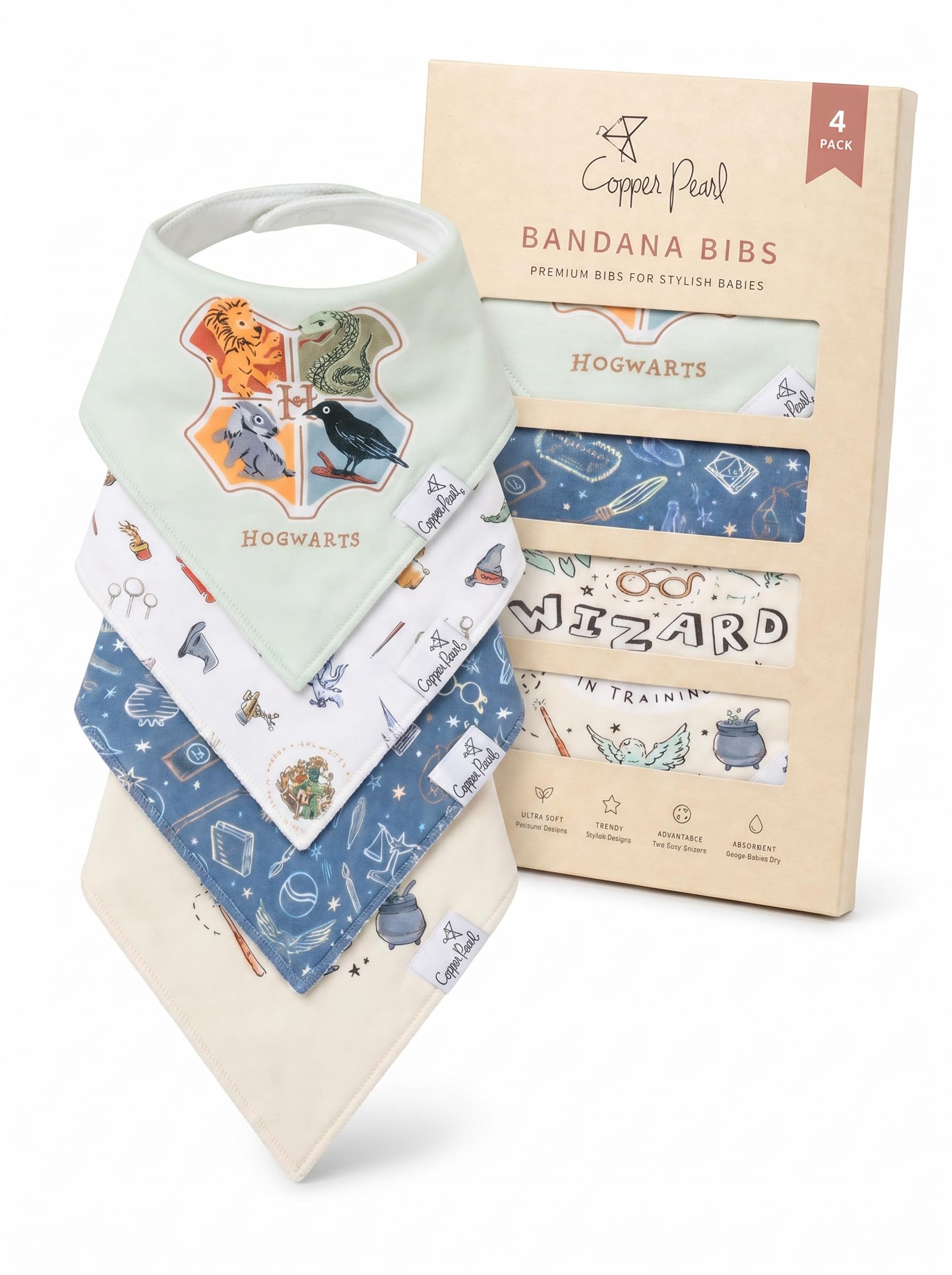 Copper Pearl Baby Bibs 4 Pack, Bandana Drool Bibs for Baby Girl & Boy, Soft Cotton Teething Bibs, Wizarding World™