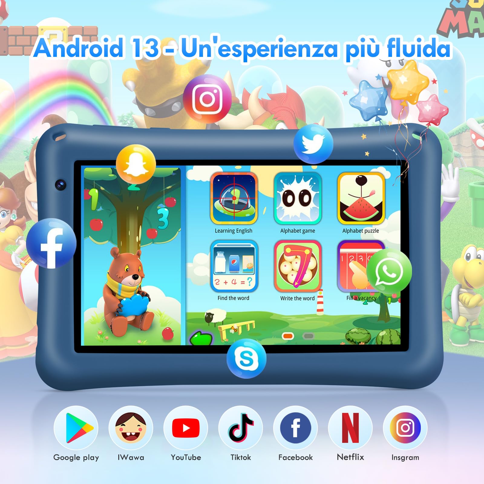 BRILLAR Tablet Bambini 7 Pollici,Android 13 Tableta,8(4+4) GB RAM, 64GB ROM(TF card 256 GB),Octa-Core,Controllo Parentale,WiFi,Tablet per Bambini con Custodia(Blu)