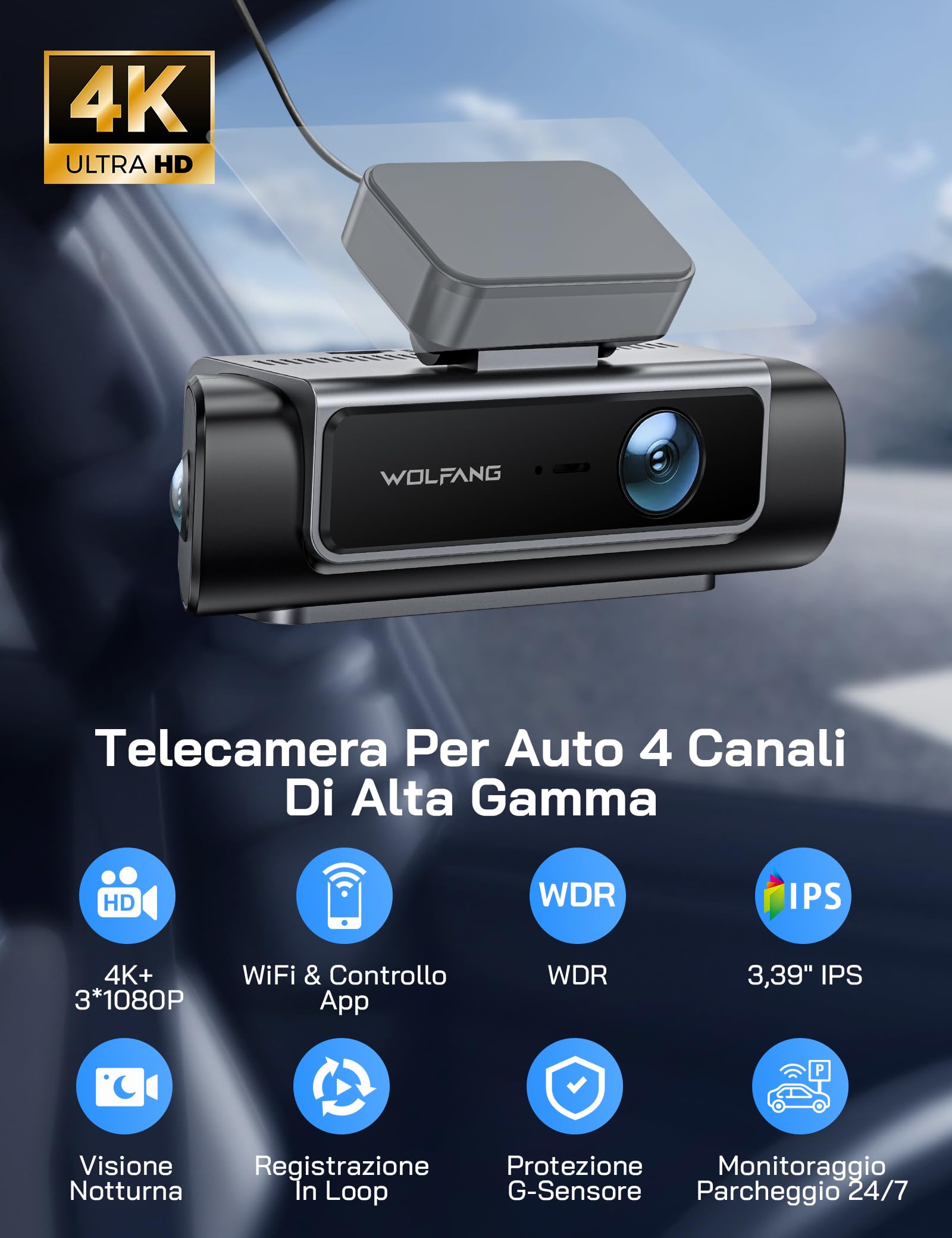 WOLFANG Dash Cam Auto, Dashcam 4 Canali 610° Telecamera Auto 4K Fronte 1080P Retro Interno Laterali, 5.8GHz Wi-Fi, IPS 3.39", Visione Notturna, Monitor di Parcheggio, Sensore G, WDR