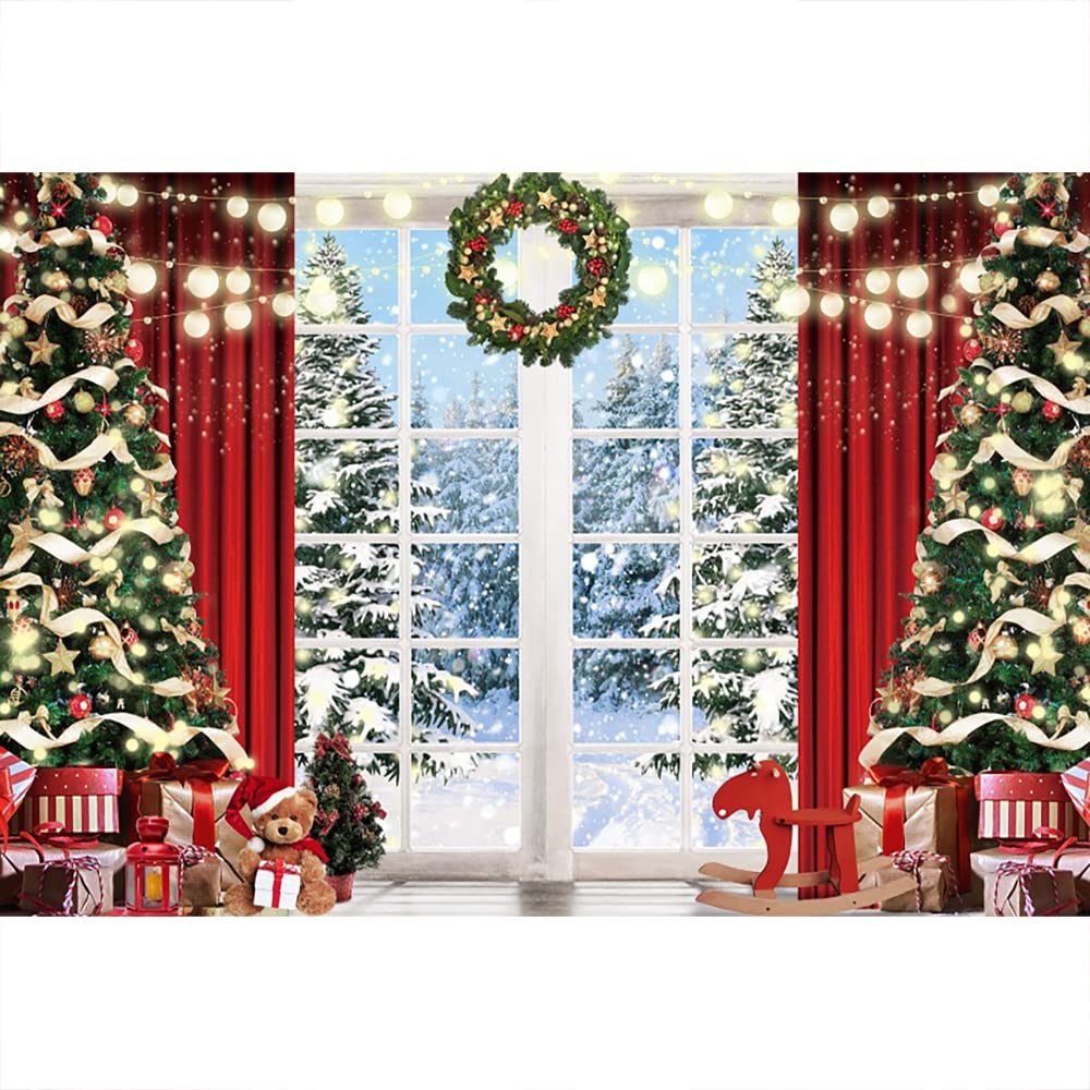 Aoihrraan 3x2,5m Noël Rebord De Fenêtre Photographie Toile De Fond Noël Arbre Couronne Rouge Rideau Cadeau Hiver Forêt Neige Vue Fond Nouveau Année Festival Famille Fête Portrait Photo Accessoires