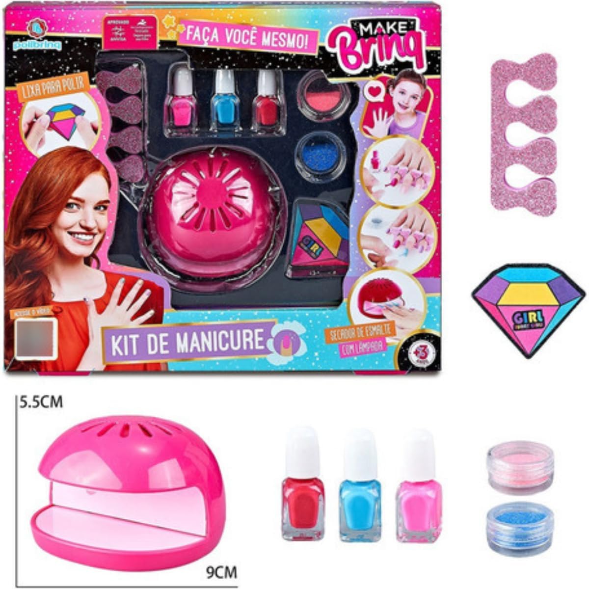 Kit Brinquedo de Manicure Infantil com Mini Estufa e Lixa Colorida