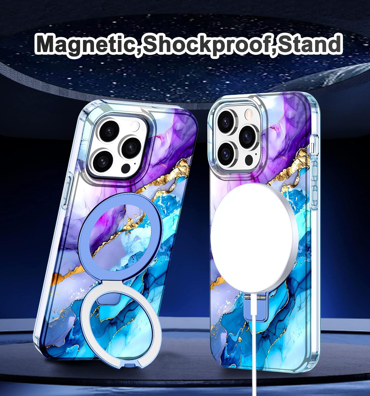 Lamcase for iPhone 15 Pro Max Case with Magnetic Invisible Ring Stand [Compatible with MagSafe], Full Body Rugged Slim Women Men Girl Shockproof Marble Pattern Design Case, Purple/Blue - Image 7
