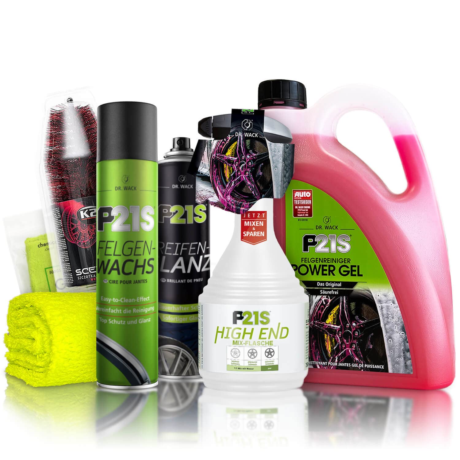 Felgenreiniger Set: Dr. Wack P21S POWER GEL Felgen Reinigung + K2 PRO Felgenbürste + Dr. Wack Felgen-Wachs Versiegelung + Dr. Wack Reifen-Glanz + chemicalworkz Premium Mikrofasertuch 500GSM | 5-teilig