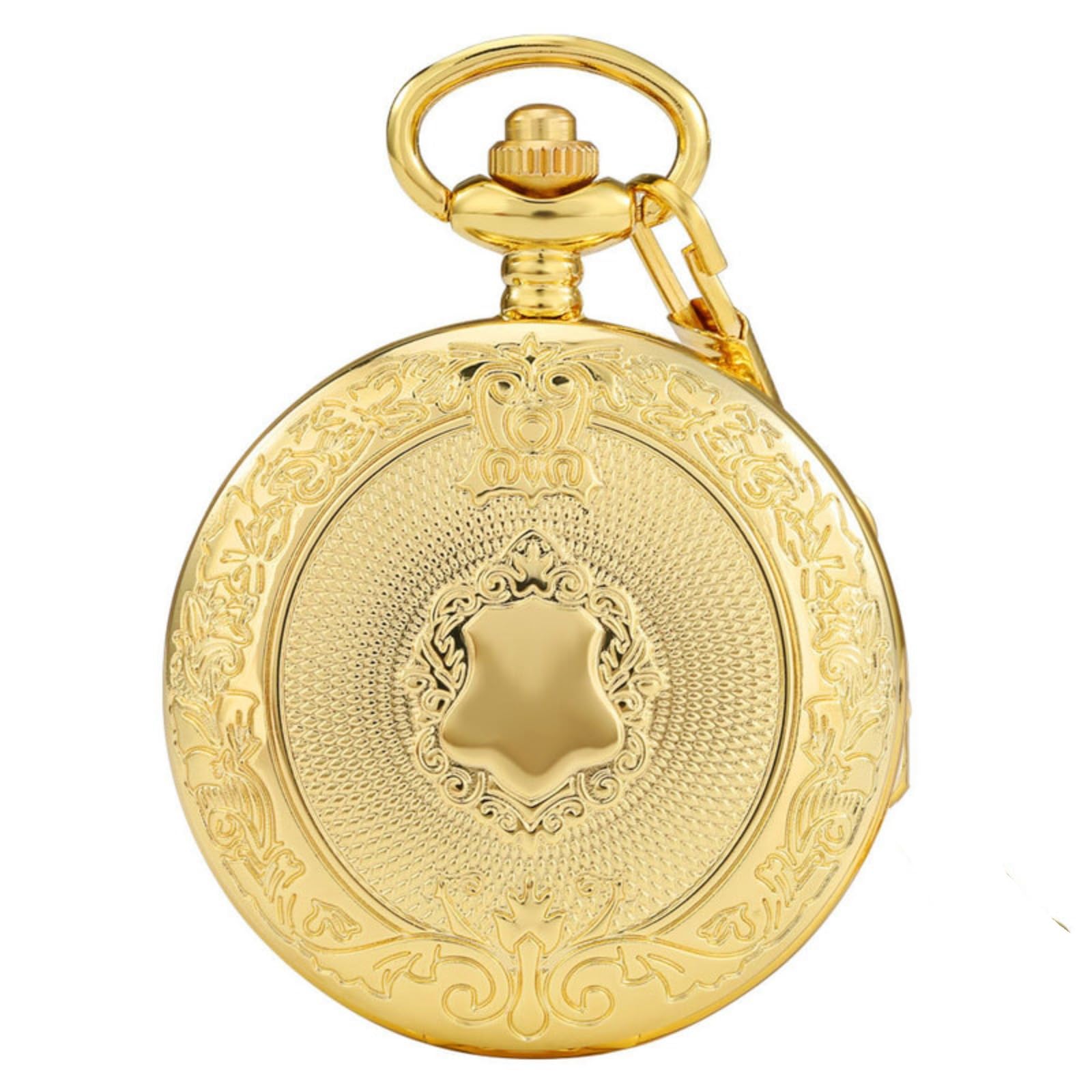 Orologi da Tasca, Orologio da Tasca al Quarzo con Scudo, Orologio Uomo, Numeri Romani, Catena, Regalo(Golden)