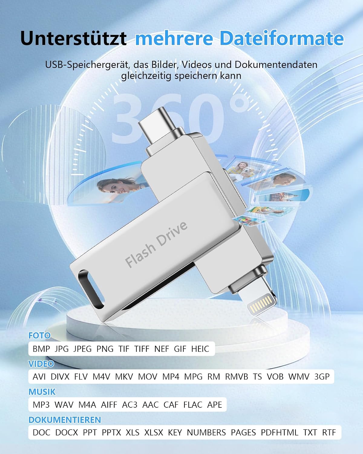 [Ohne App] USB Stick 512GB für iPhone MFi-zertifizierter, Lncnnk 3 in 1 Flash-Laufwerk, Lightning USB 3.0 Speicherstick Fotostick, USB C Stick für iPhone/iPad/OTG Android Handy/Mac/PC,Silber - 6
