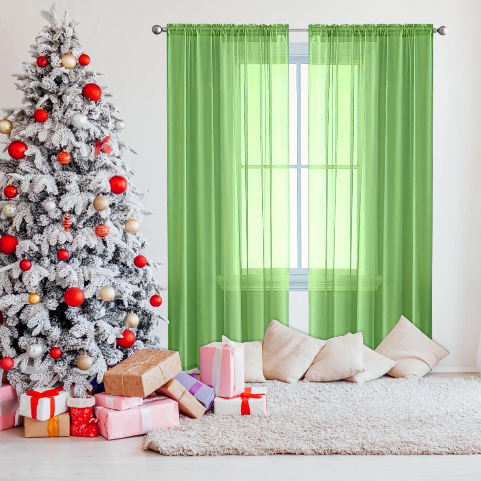 Tende Lino per Interni 250 x 270 cm Set di 2 Pannelli in Voile Morbido, 100% Poliestere, Traslucido Tenda Trasparente Leggera per Soggiorno e Camera da Letto, Verde