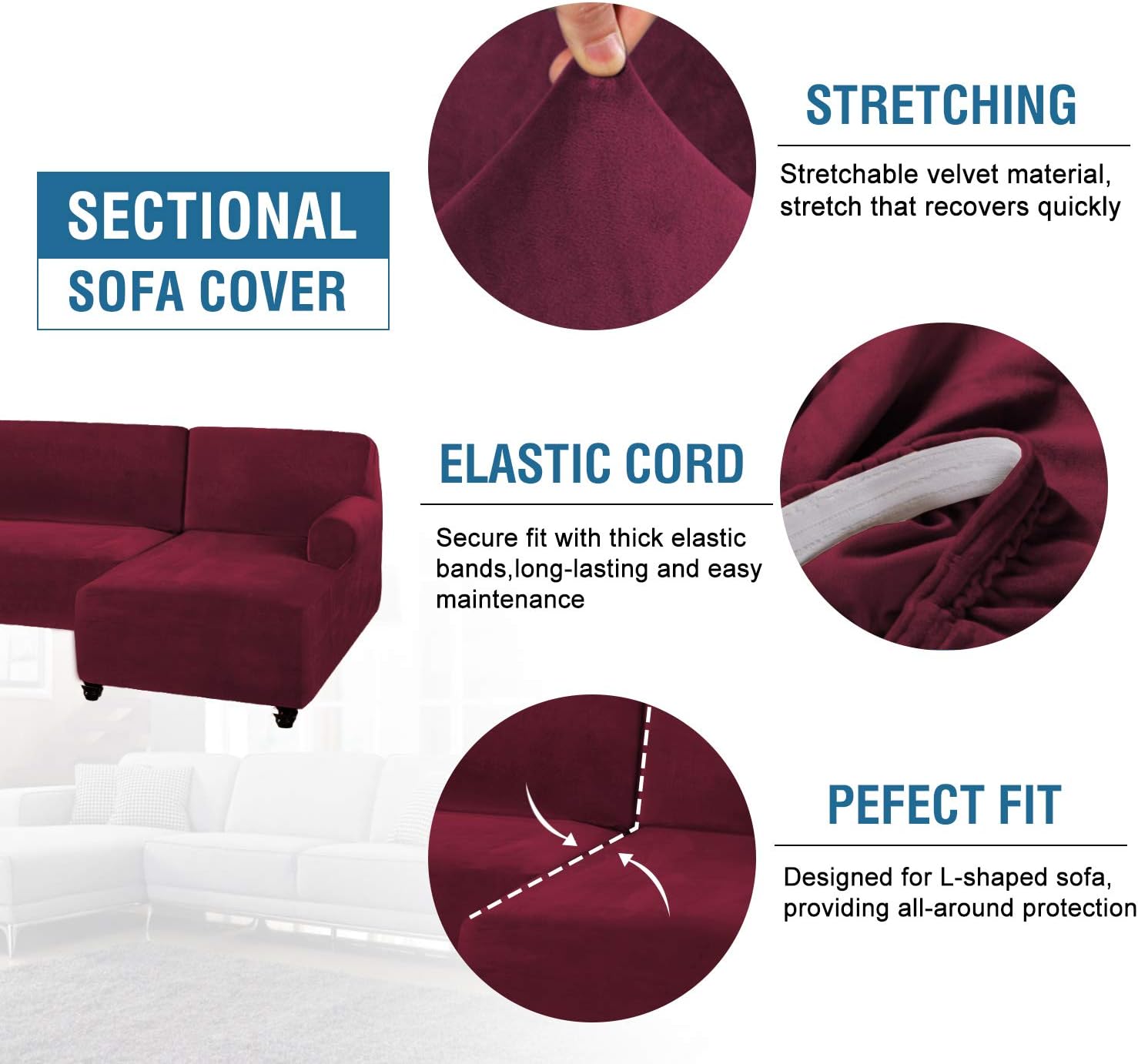 Rich Velvet Stretch 2 Pieces L-Shaped Sofa Covers Anti-Slip Sectional Sofa Slipcovers with Straps Bottom Luxury Thick Velvet Corner Sofa Cover(X-Large Size=Right Chaise with 3 Seater, Burgundy)