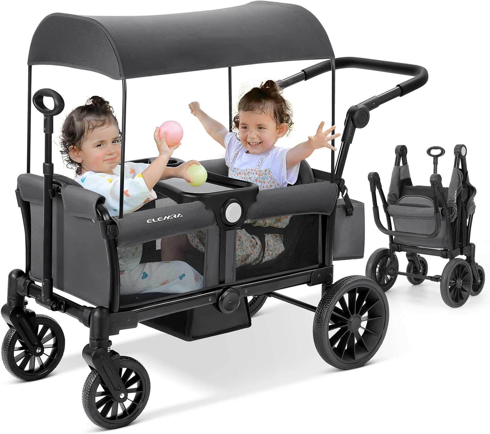 ELEMARA Stroller Wagon, 2 Seat Wagon Stroller for 2 Kids, Premium All Terrain Wagon for Kids w/Removable Canopy, Adjustable Push/Pull Handle, Large Storage Bag, Gray