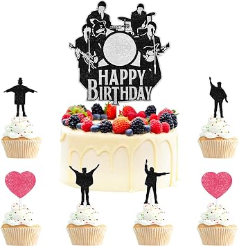Rock Band Themed Happy Birthday Cake Toppers 7-Piece Set - 80s rock music themed party, birthday party, concert party decorations that both boys and girls will love - LIANGSS