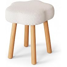 Cmishe Cloud Vanity Stool with Solid Beech Wood Legs, 20" Height Boucle Makeup Chair for Bedroom, Flower Shaped Upholstered Ottoman, Cute Dressing Stool for Girls & Dorm, Cream White