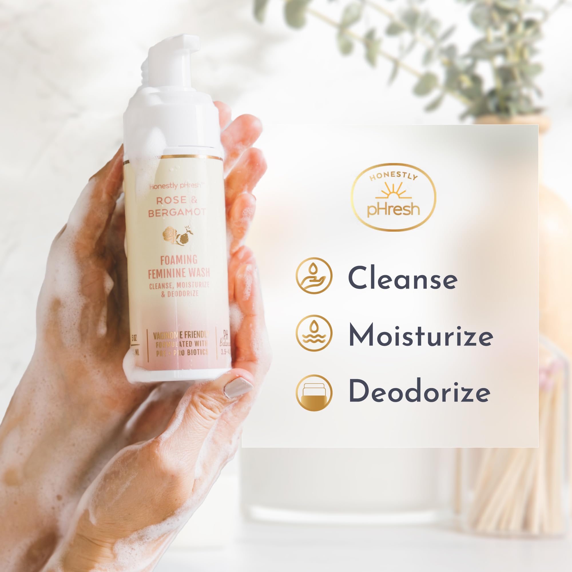 Honestly pHresh Foaming Feminine Wash for Women – pH Balanced Natural Intimate Cleanser with Prebiotics & Probiotics. Vegan, Sensitive Skin Safe. Made In USA - Rose & Bergamot Scent, 5 oz