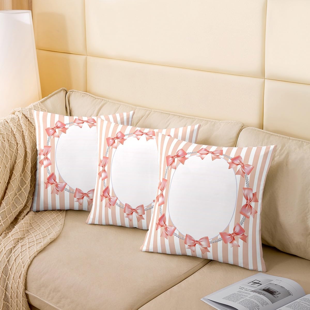 Manfei Dreamy Girly Bow Pillow Cover for Couch Sofa Bed,Modern Geometric Lines Art Pillow Case Cushion Cover 24"x24" for Kids Adults,Girls Princess Style Bedroom Decor Square Cushion Case Set