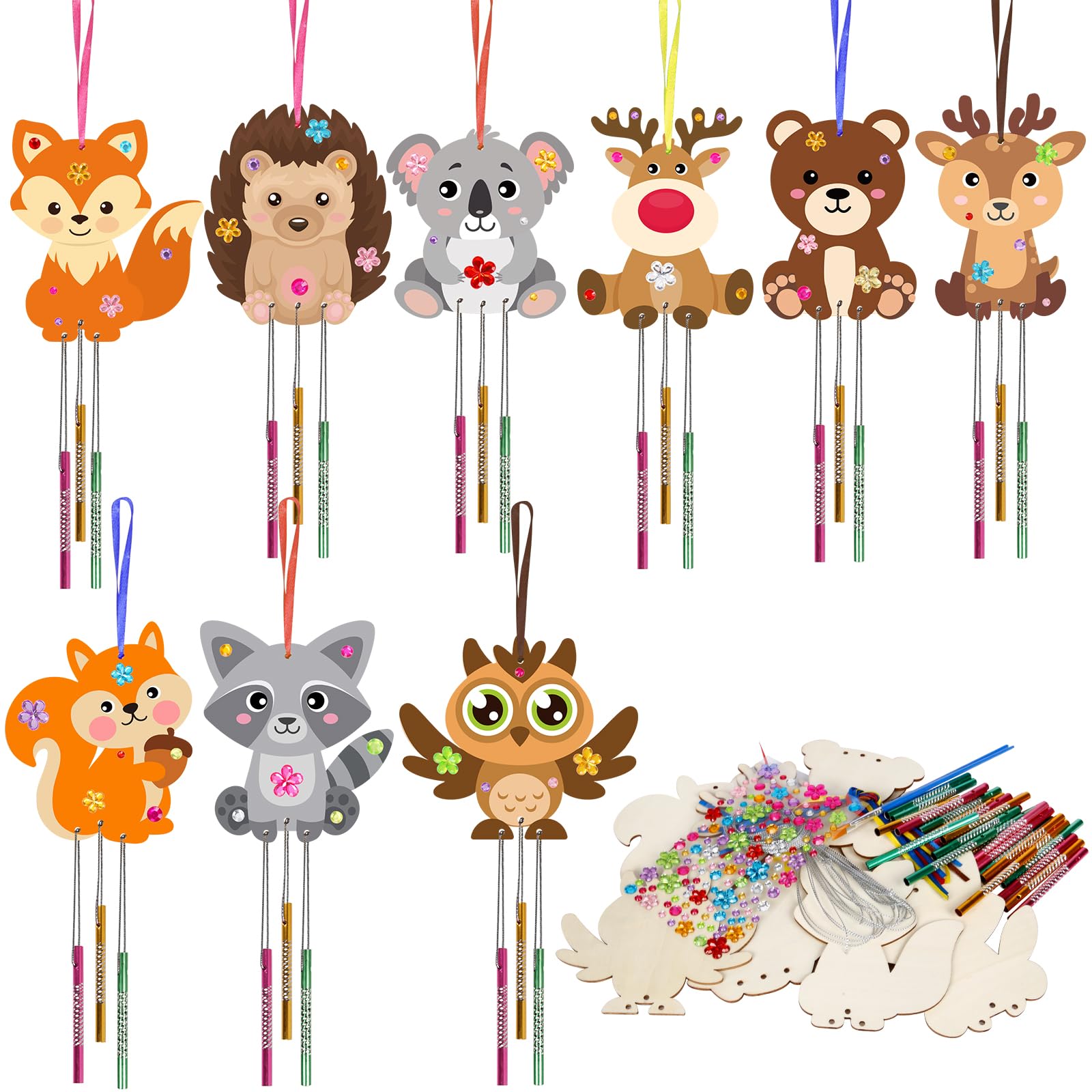 HONMOK9 Pack Autumn Animal Wind Chimes Kit, Crafts for Children to Paint Animal Windchimes, Wooden Arts and Crafts for Kids Boys Girls Toddlers Children's Birthday Gifts & Presents