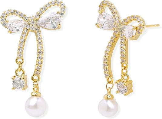 Sonateomber Dainty Gold Bow Dangle Drop Earrings for Women, Sparkly Cubic Zirconia Rhinestone Ribbon Dangling Earings Prom Wedding Accessories Fashion Jewelry Gift